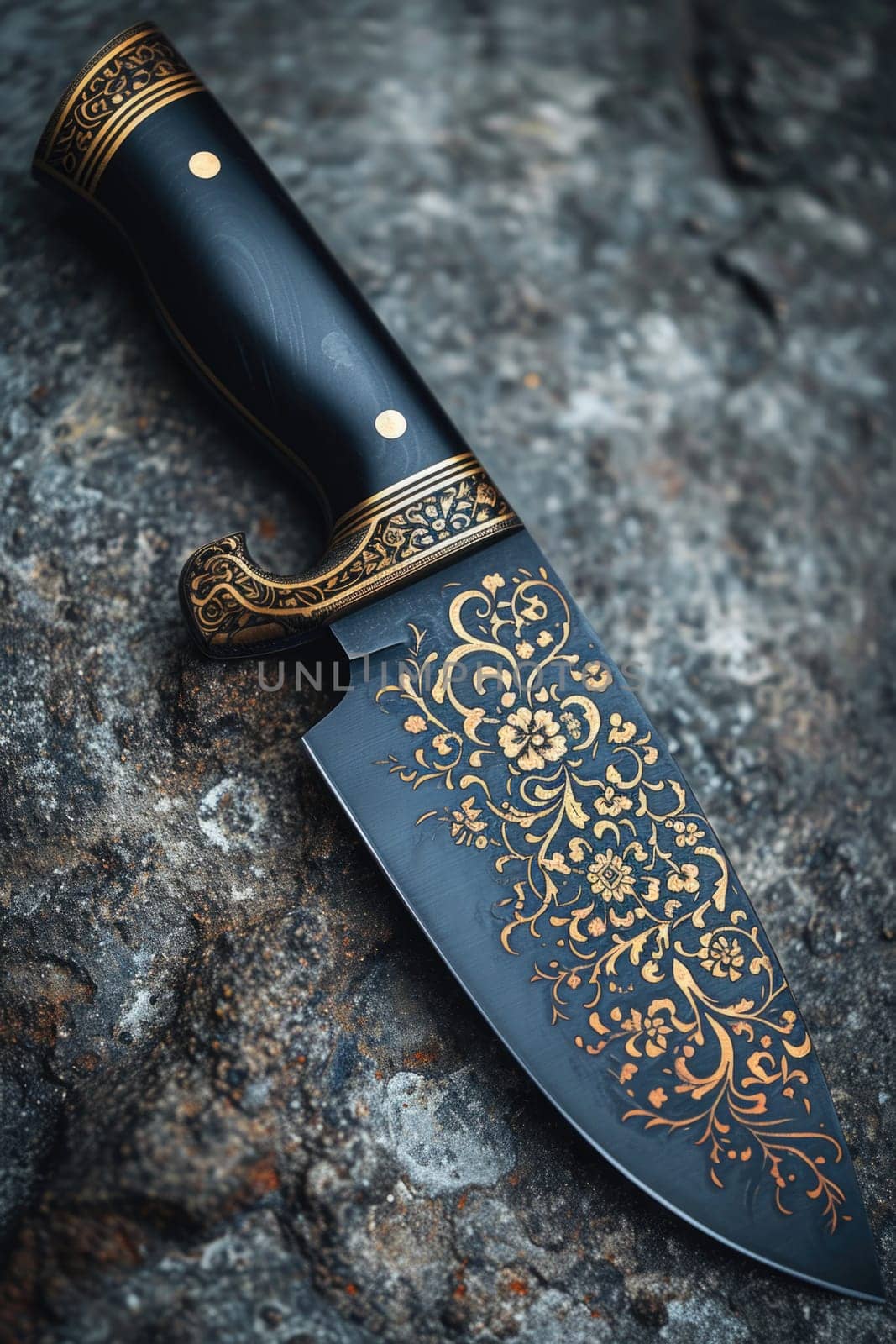 One Stylish Damascus steel kitchen knife on a wooden board by Lobachad