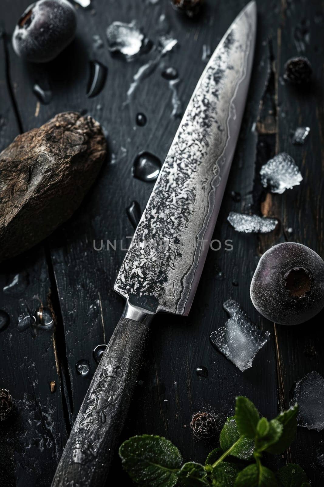 Knives made of Damascus steel on a wooden board.