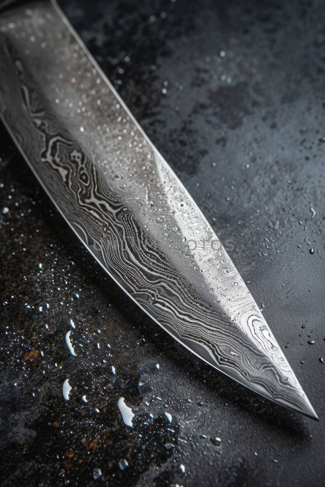 Knives made of Damascus steel on a wooden board.