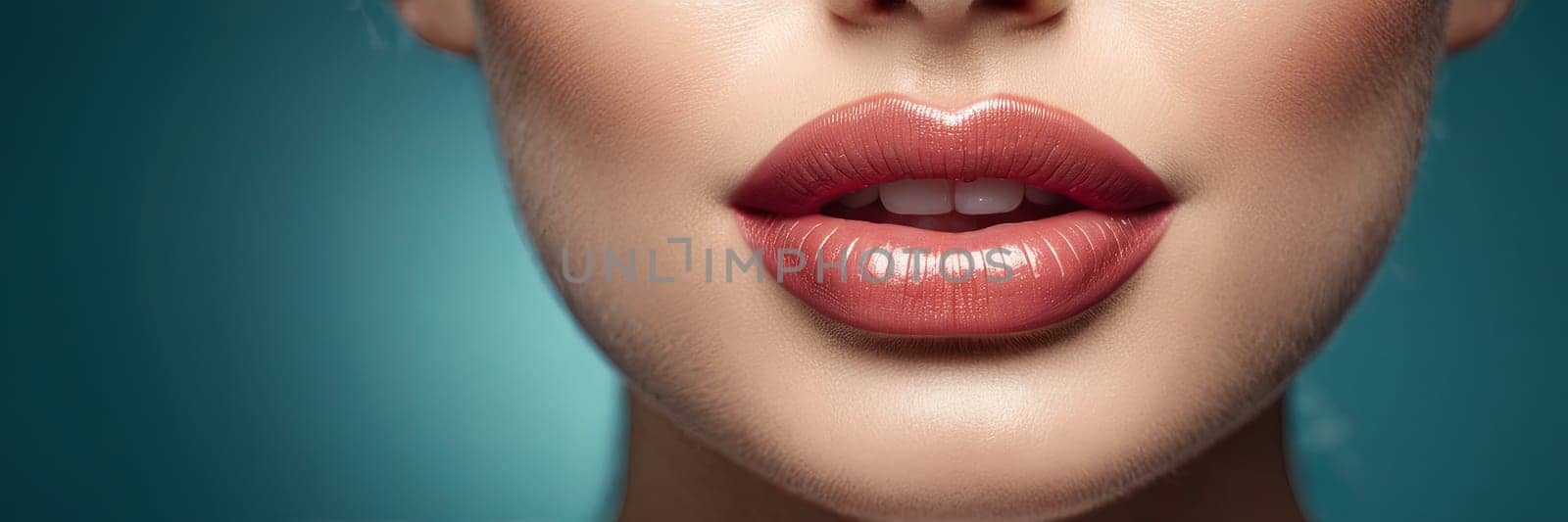 Close-up woman’s lower face, showcasing clear complexion against a blue background. Image captures detail of skin texture, lips, used for skin care promotion