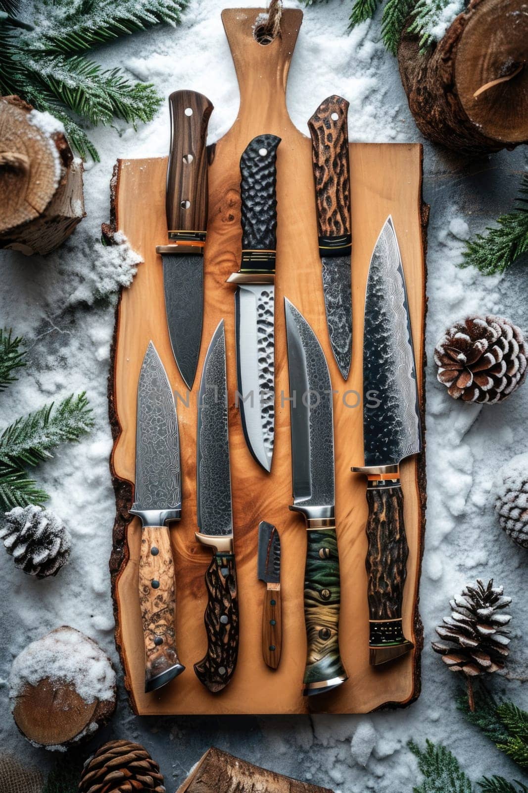 Top view of Damascus steel kitchen Knives on a wooden board.