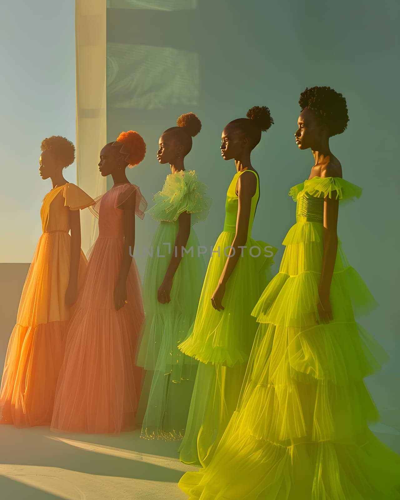 Women in colorful onepiece dresses stand together showcasing fashion design by Nadtochiy