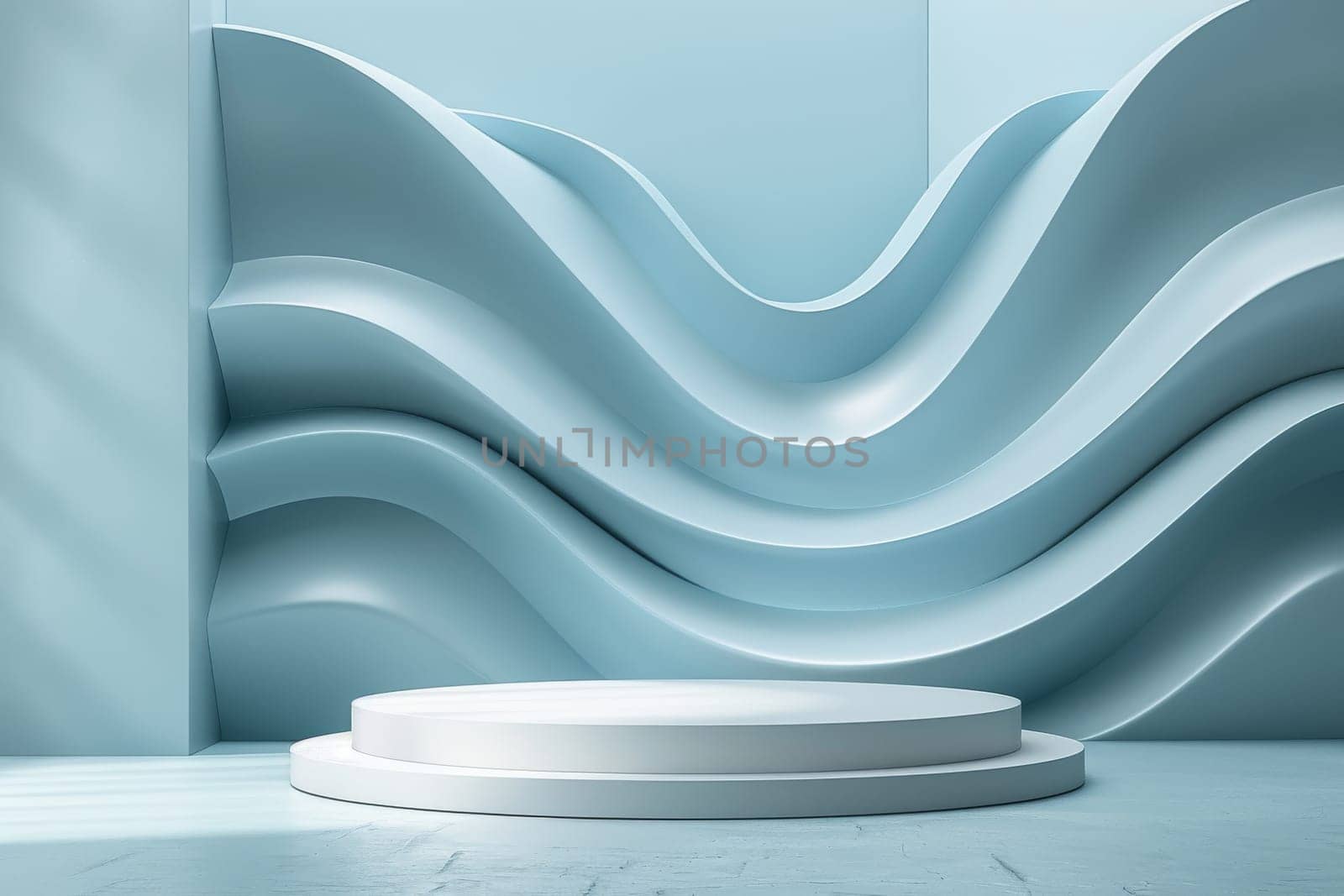 Podium and sculpture of a wave background. showcase and product concept by itchaznong