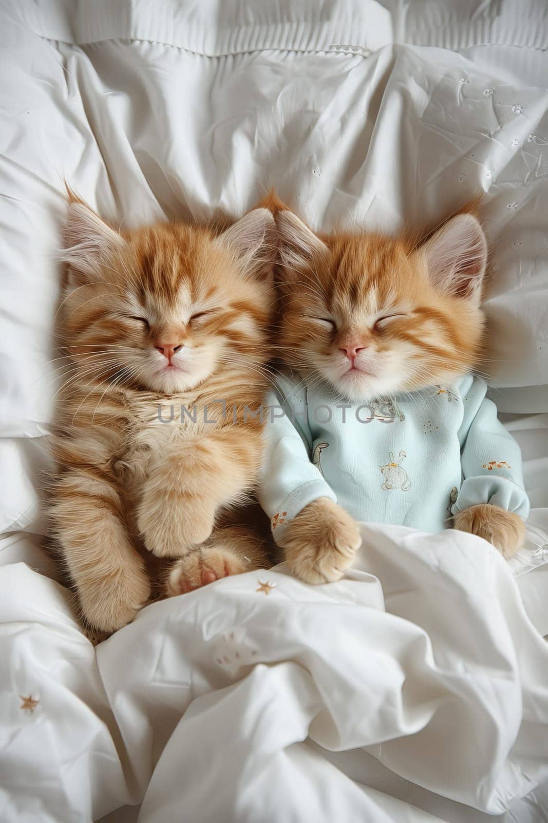 Two orange kittens are sleeping on a bed with a blue blanket. One of the kittens is wearing a blue shirt