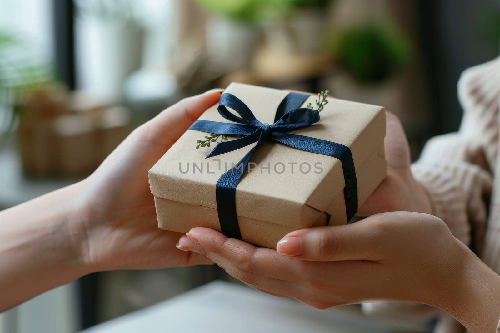 A woman is holding a brown box with a green ribbon on it. She is giving the box to another person