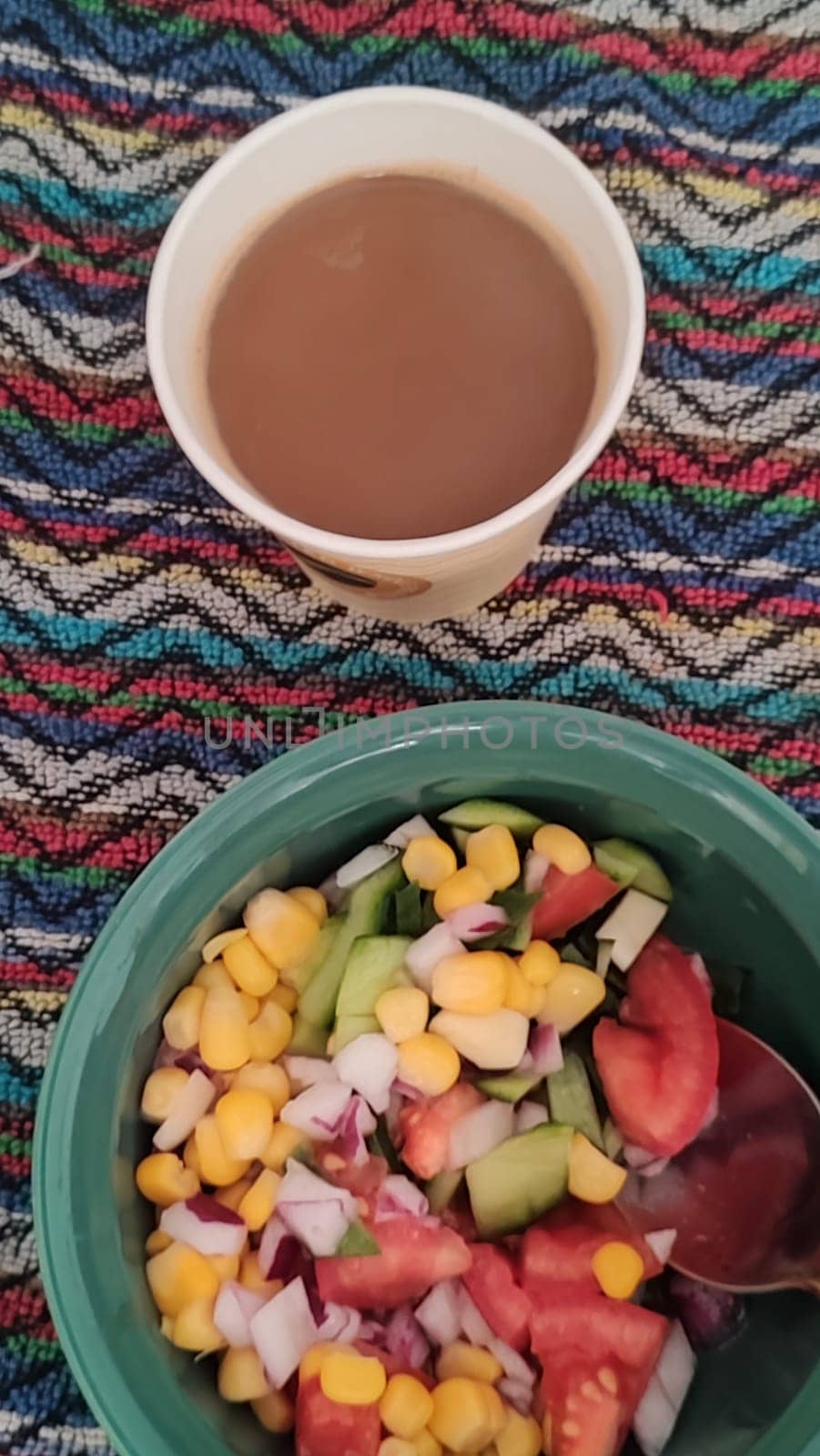 fresh vegetable salad and glass of coffee, breakfast food. High quality photo