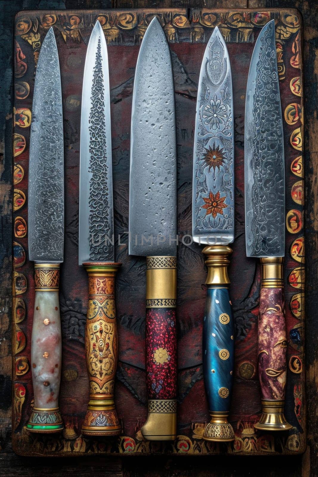 Top view of Damascus steel kitchen Knives on a wooden board.