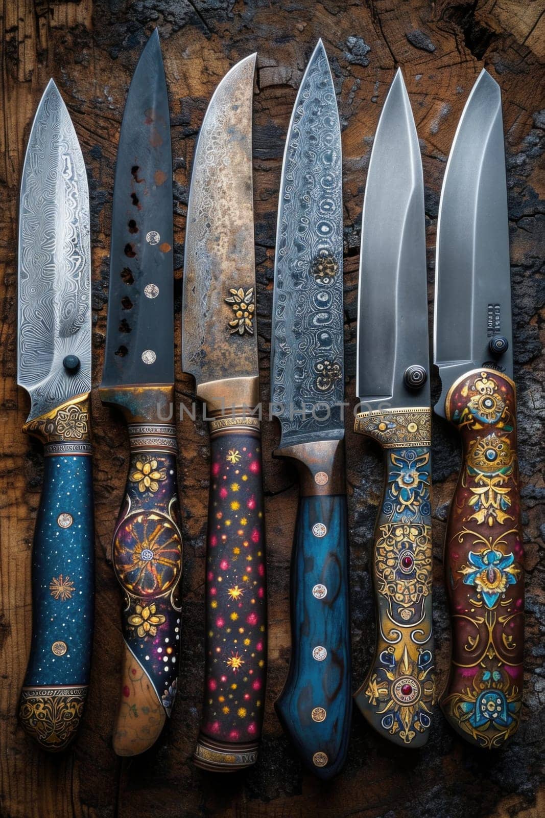 Top view of Damascus steel kitchen Knives on a wooden board.