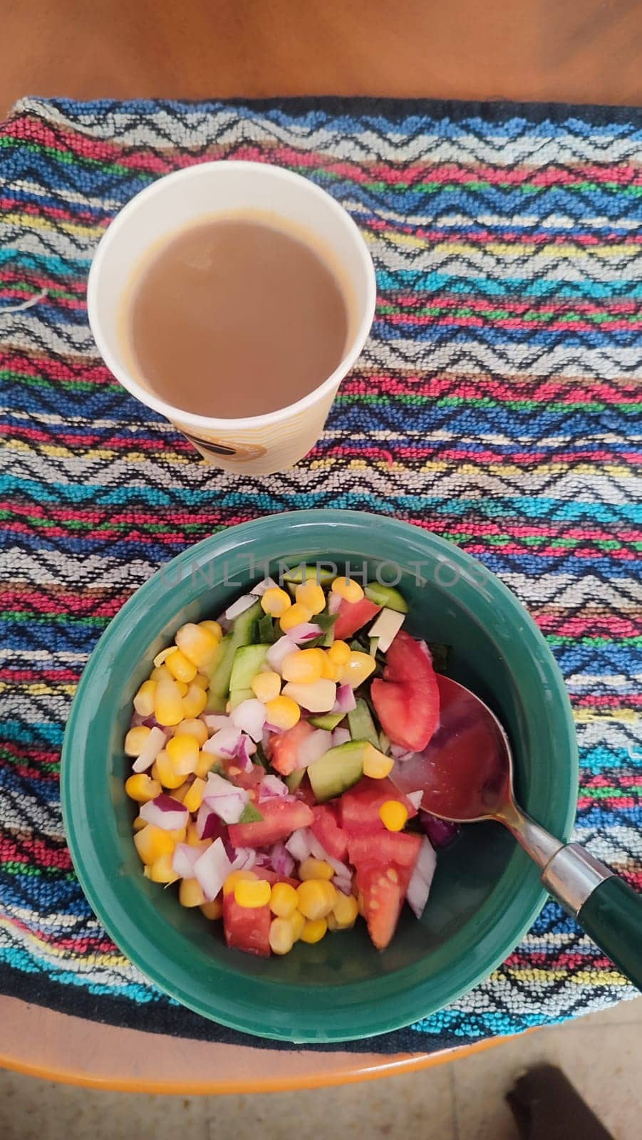 fresh vegetable salad and glass of coffee, breakfast food. High quality photo
