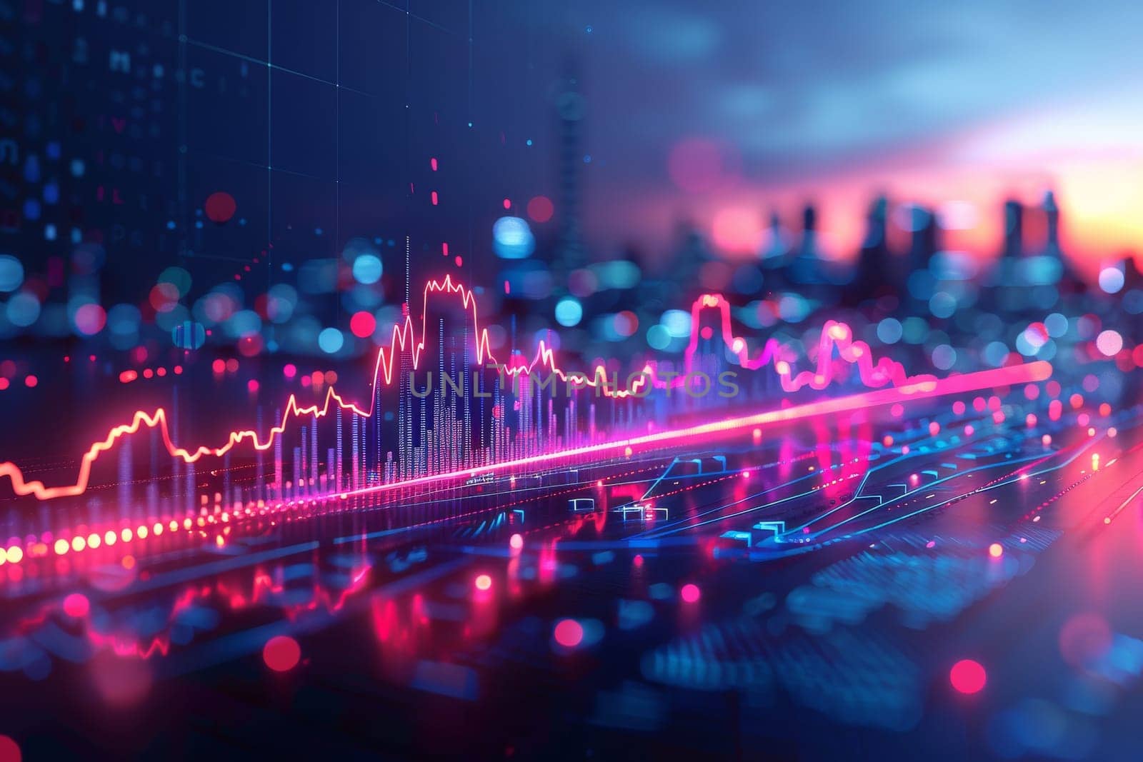 A city skyline is shown in red and blue with a lot of dots. finance and technology background by itchaznong