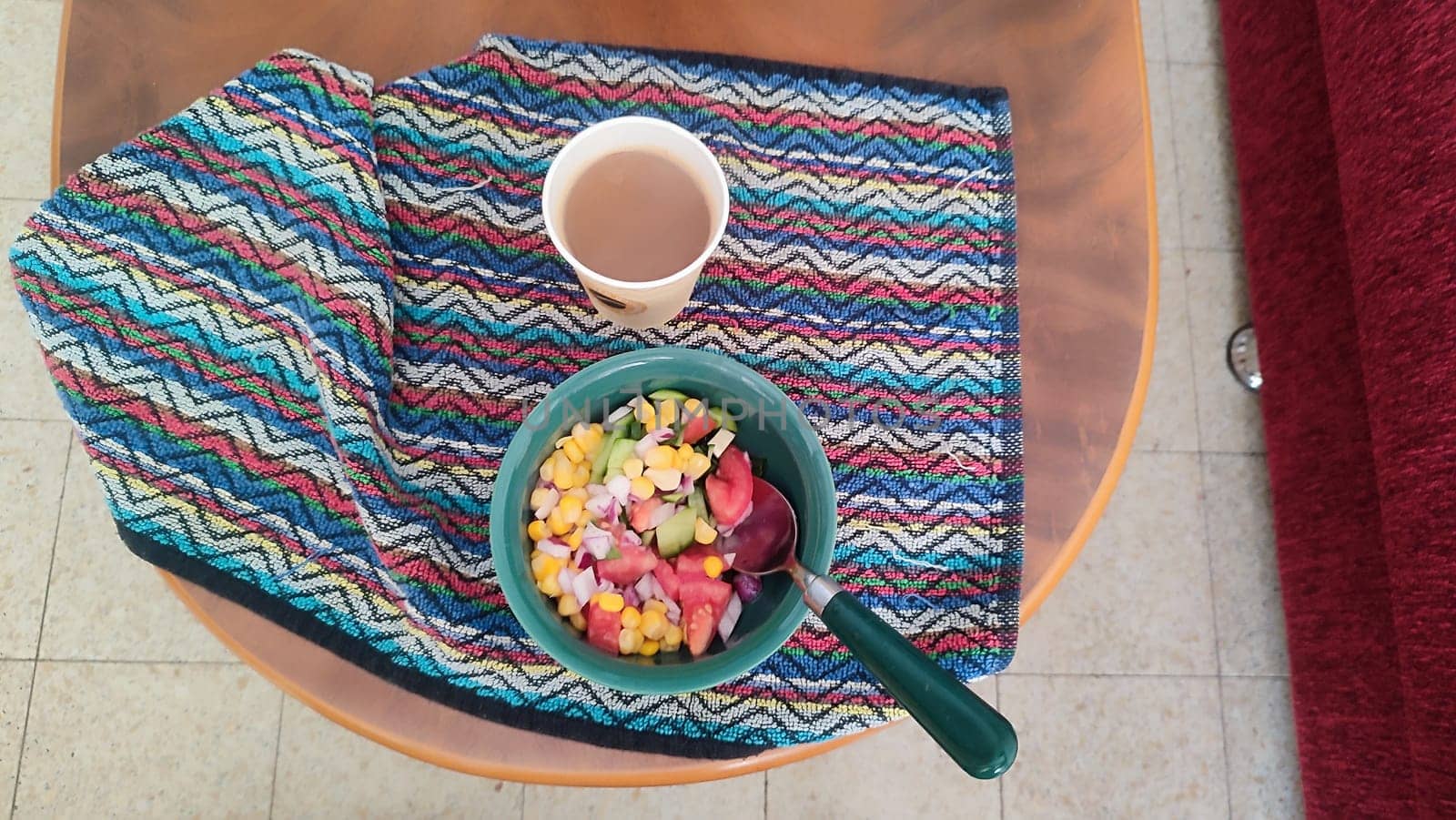 fresh vegetable salad and glass of coffee, breakfast food. High quality photo