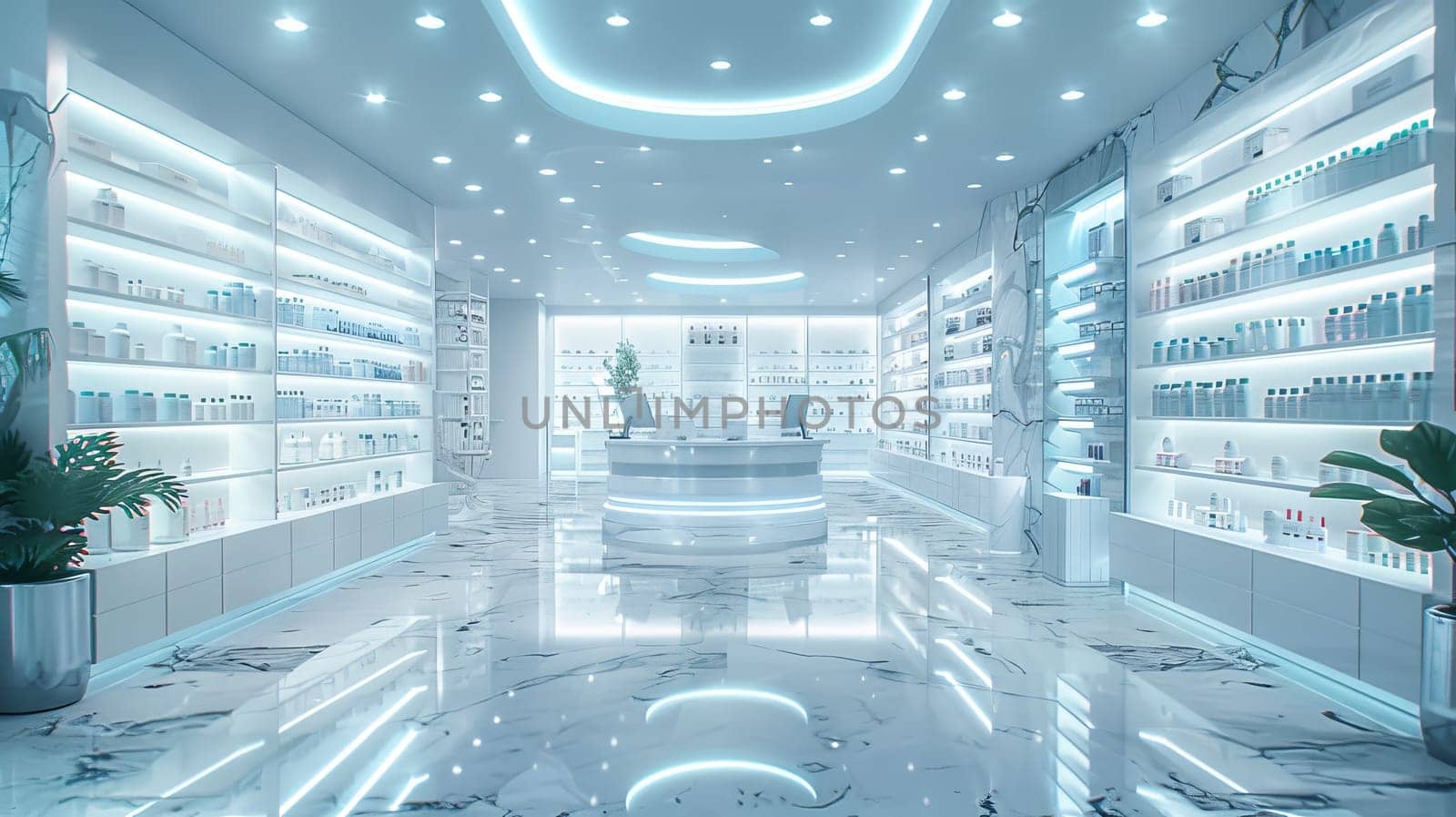 A large store with a bright blue ceiling and white walls. The store is filled with shelves of various products, including bottles and potted plants. The atmosphere is bright and inviting