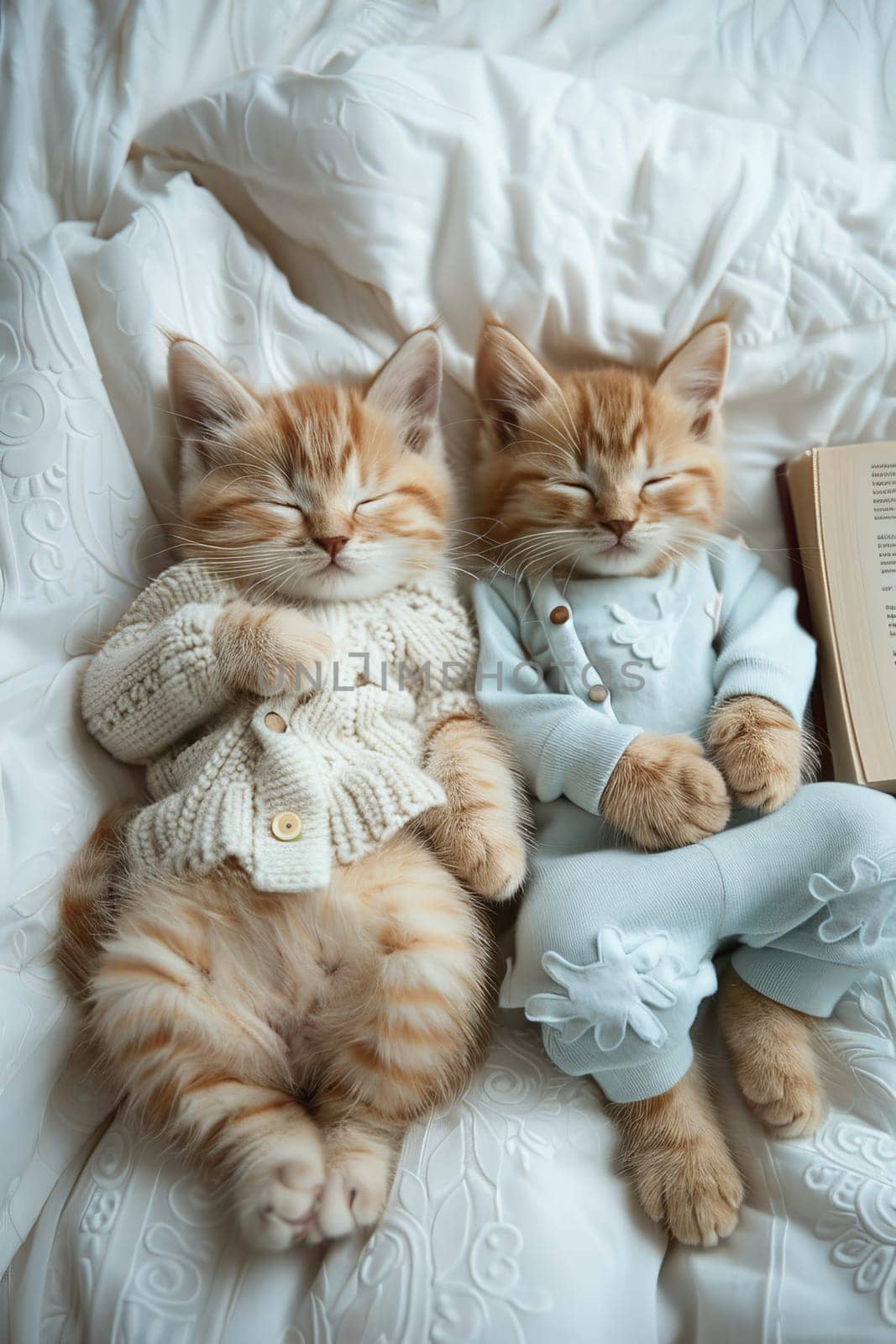 Two orange kittens are sleeping on a bed with a blue blanket. One of the kittens is wearing a blue shirt
