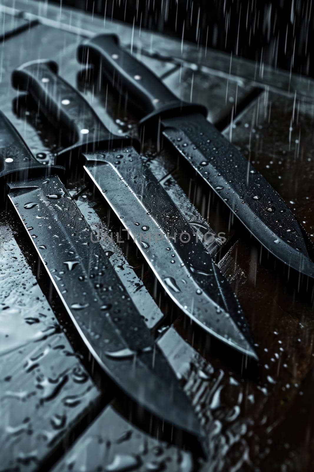 Black Damascus steel Knives on a wooden board in the rain.