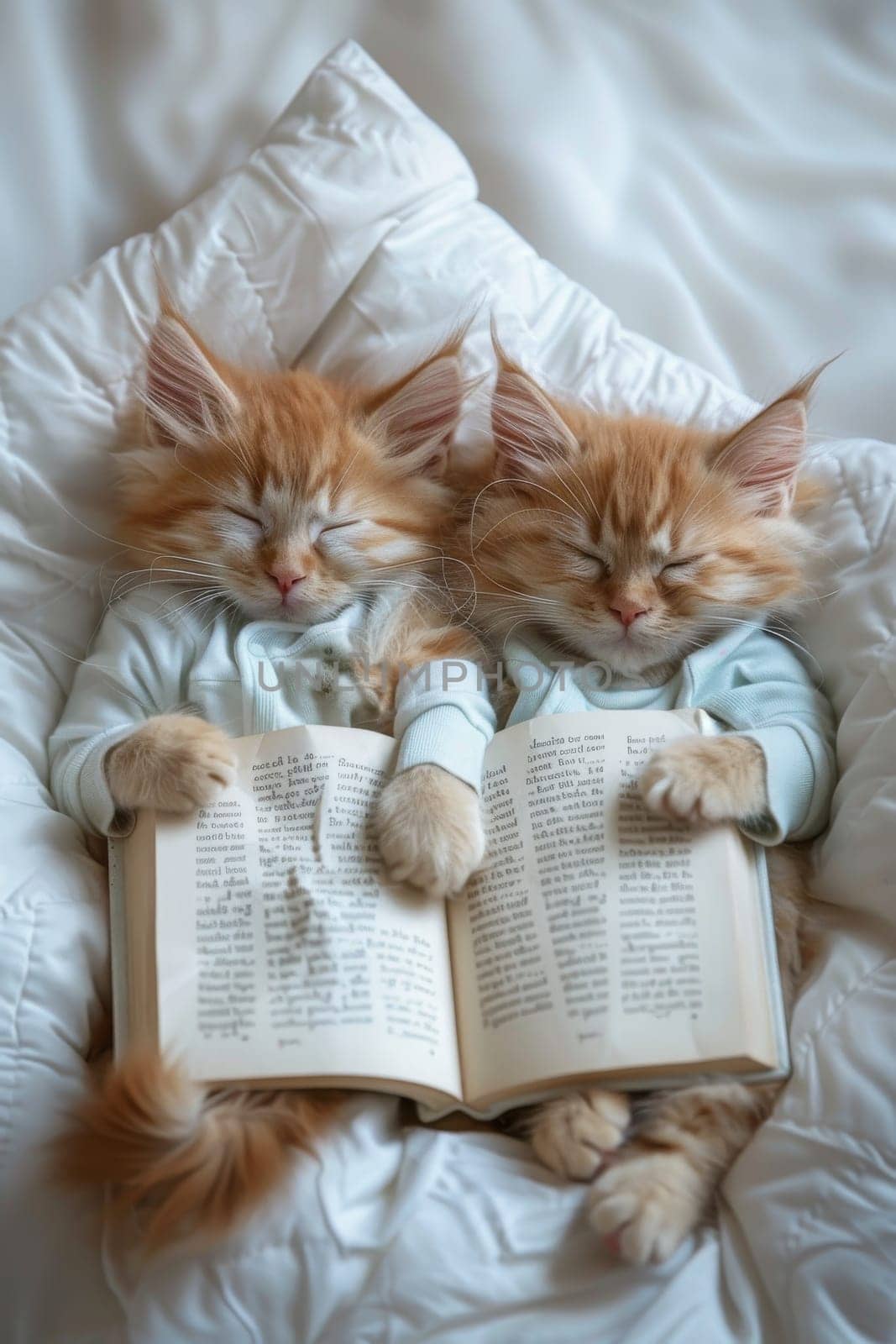 Two orange kittens are sleeping on a bed with a blue blanket by itchaznong