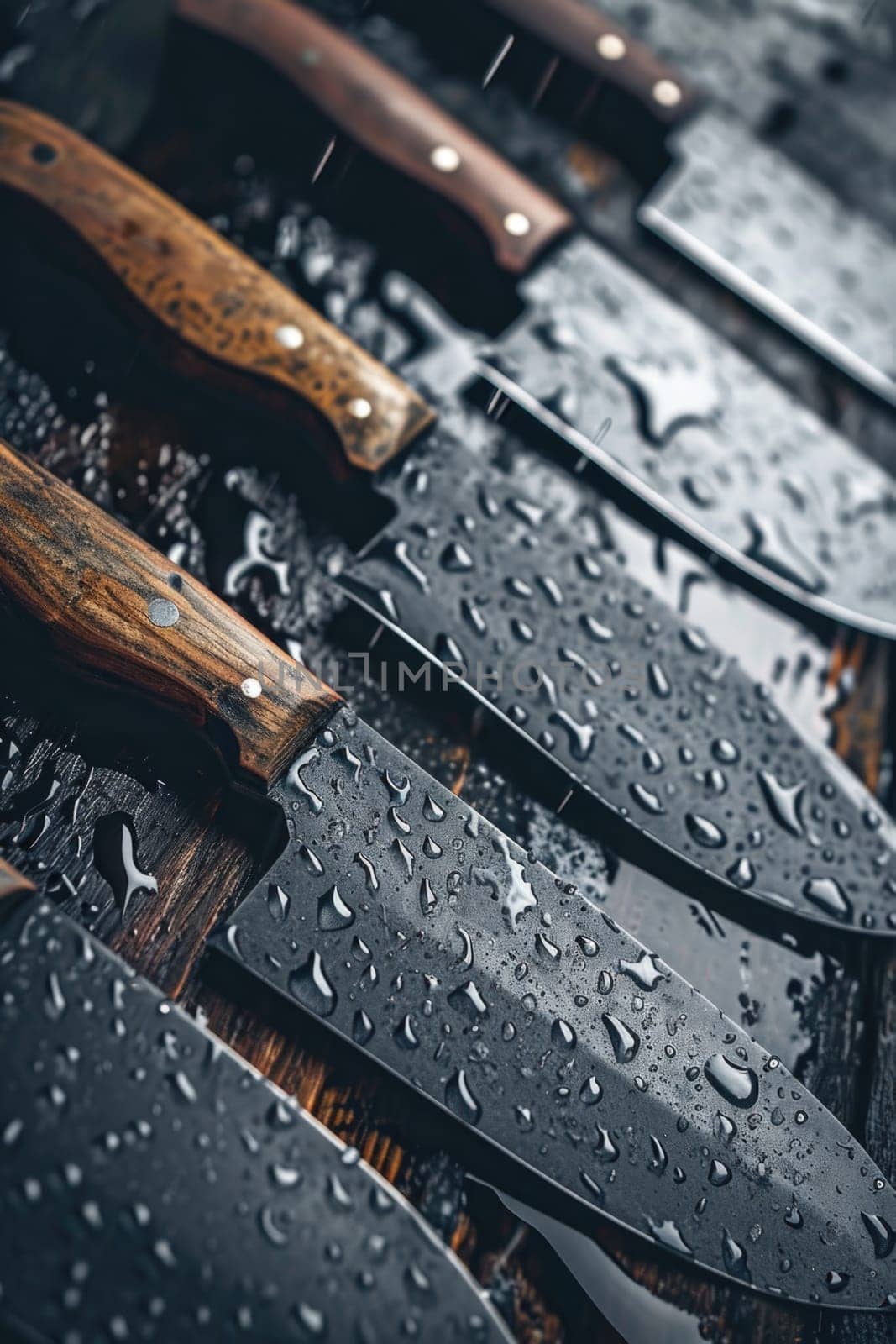 Black Damascus steel Knives on a wooden board in the rain.