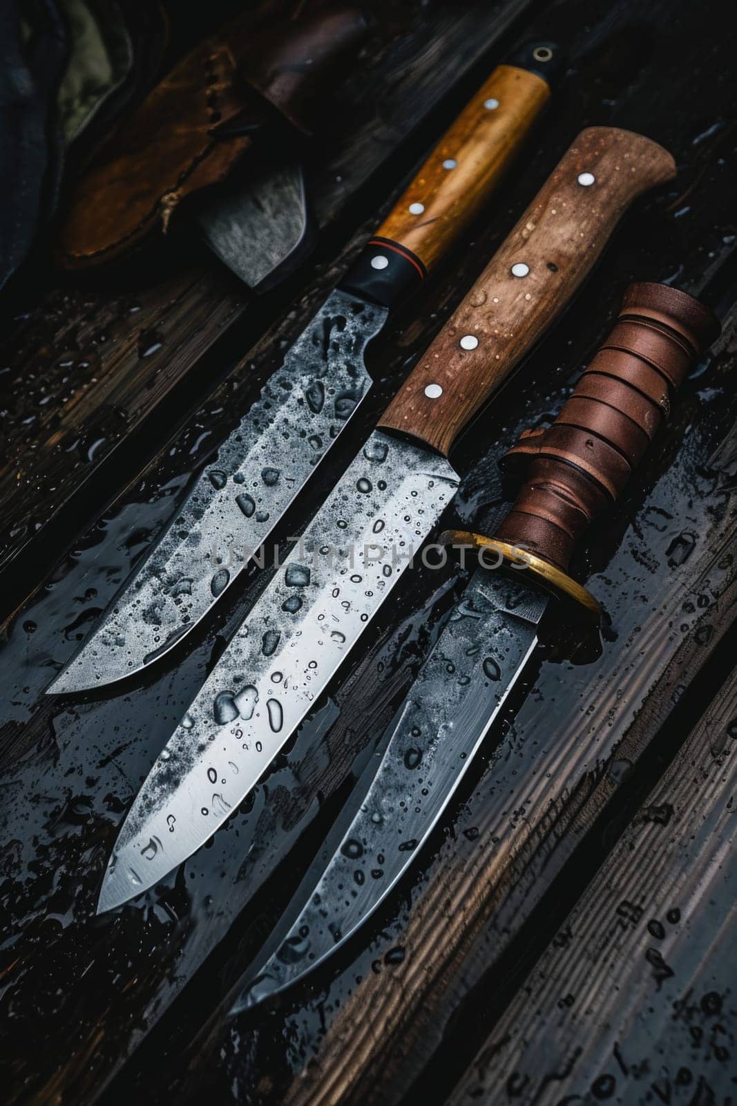 Black Damascus steel Knives on a wooden board in the rain.