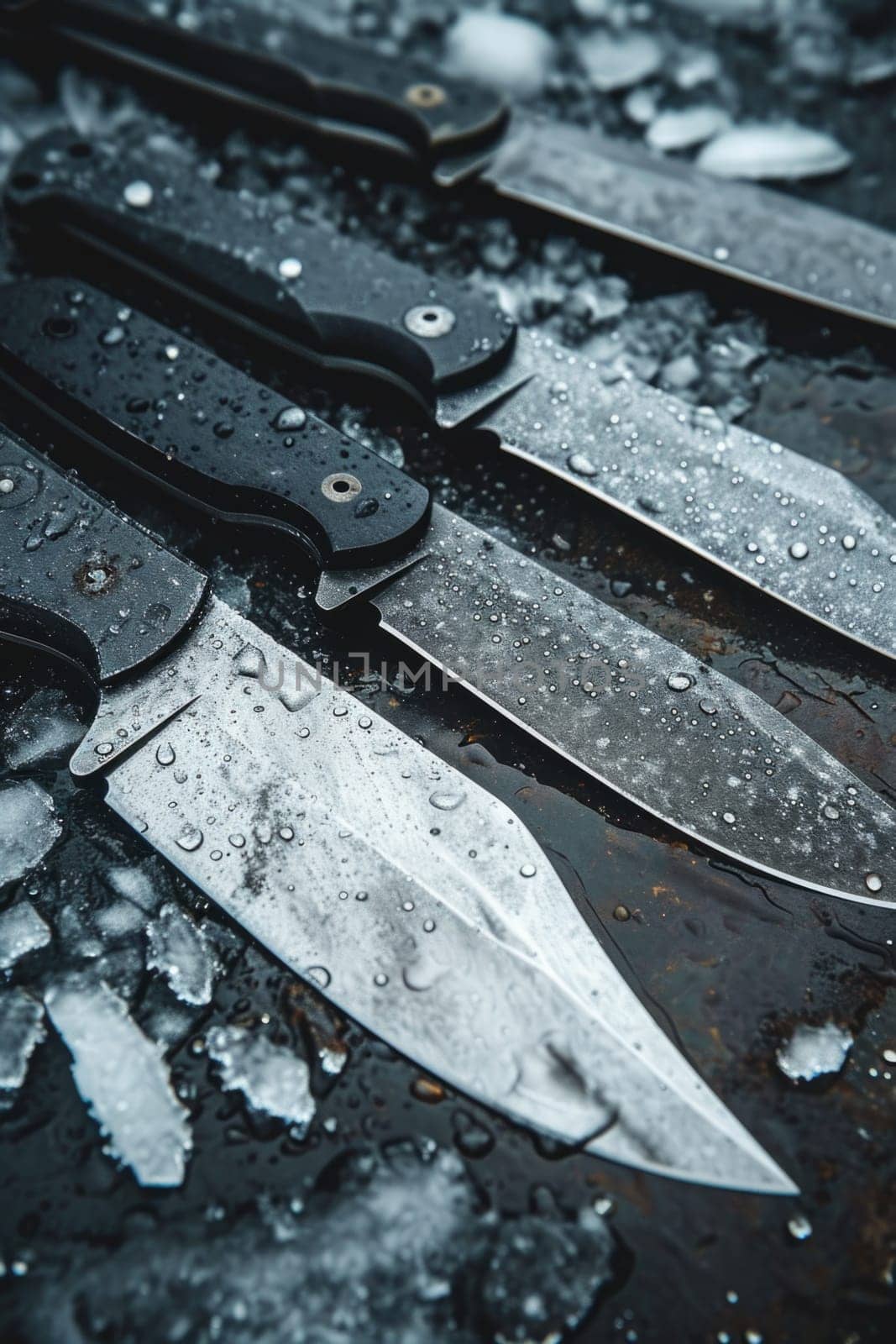 Knives made of Damascus steel on a wooden board.