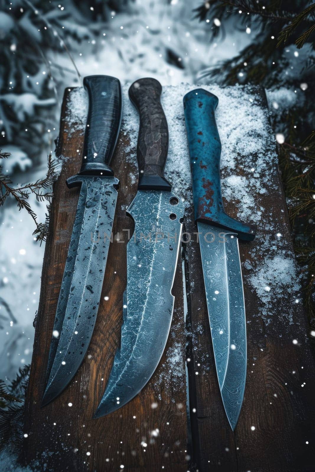 Knives made of Damascus steel on a wooden board by Lobachad