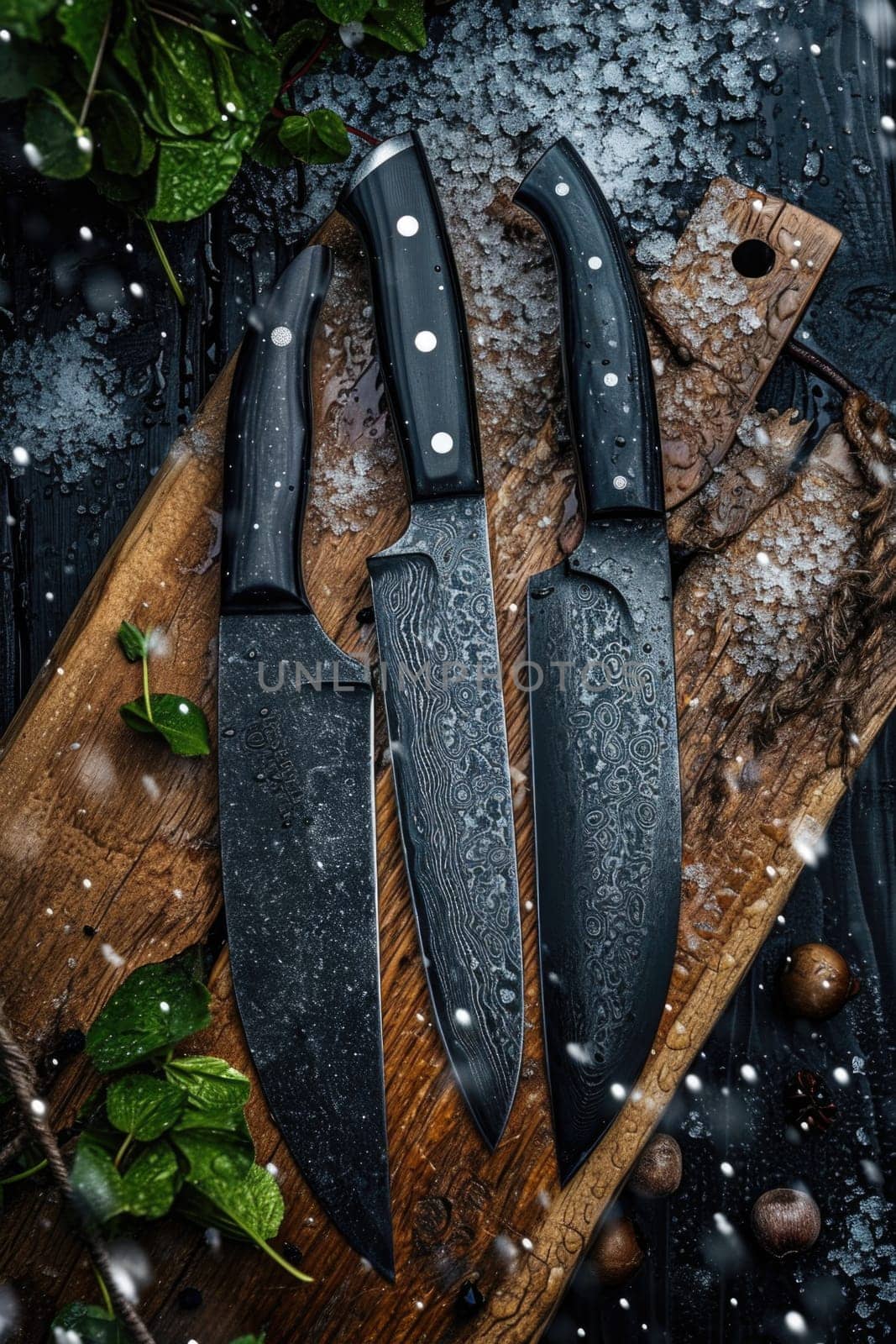 Knives made of Damascus steel on a wooden board.