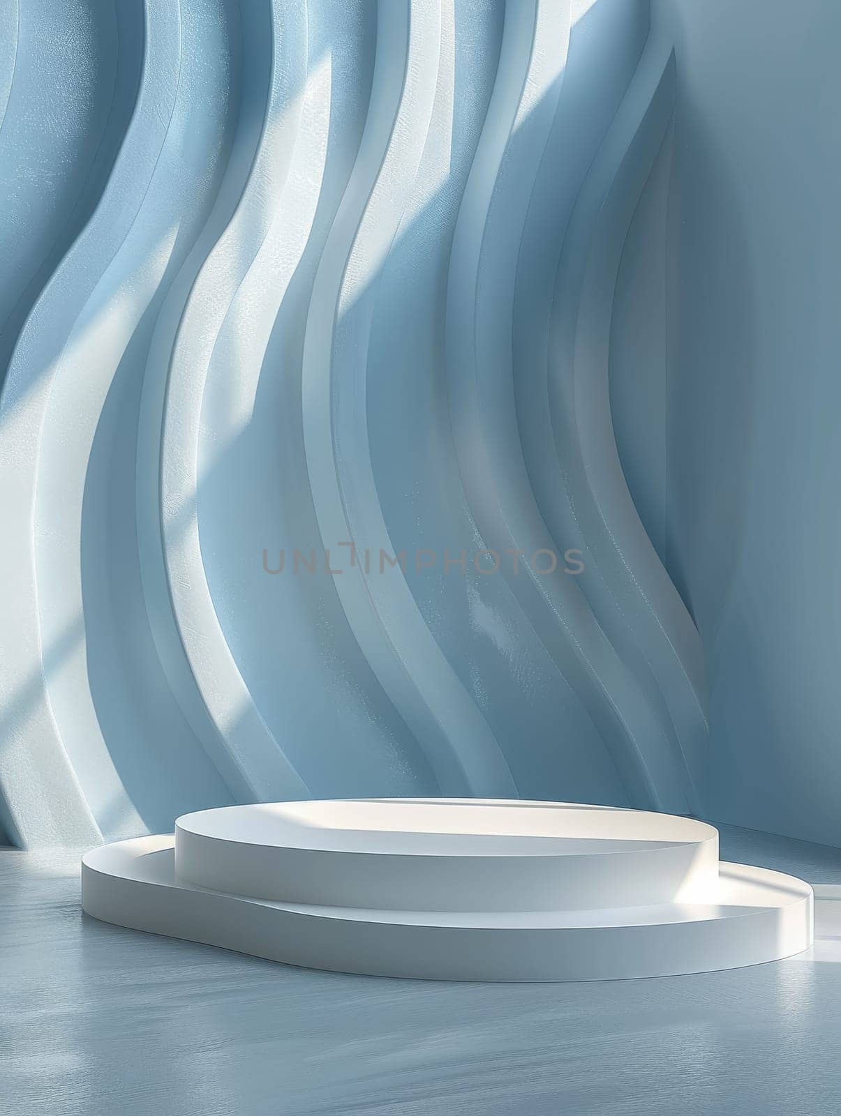 Podium and sculpture of a wave background. showcase and product concept.