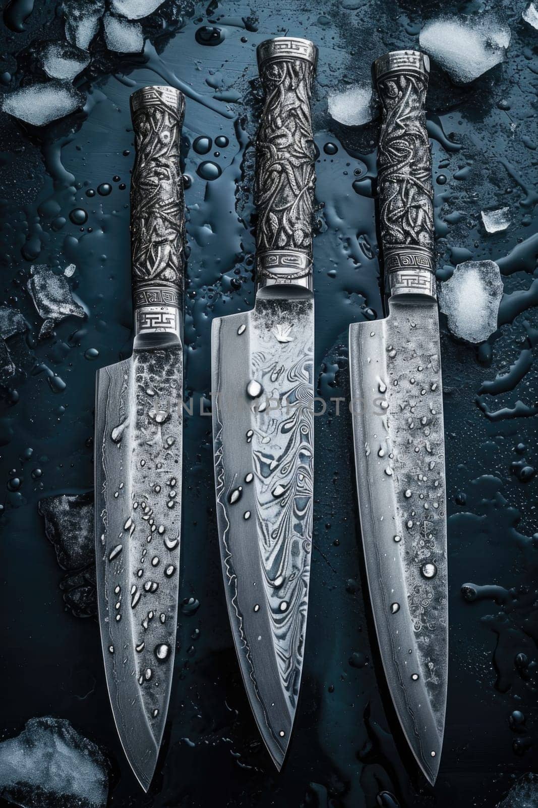 Knives made of Damascus steel on a wooden board by Lobachad