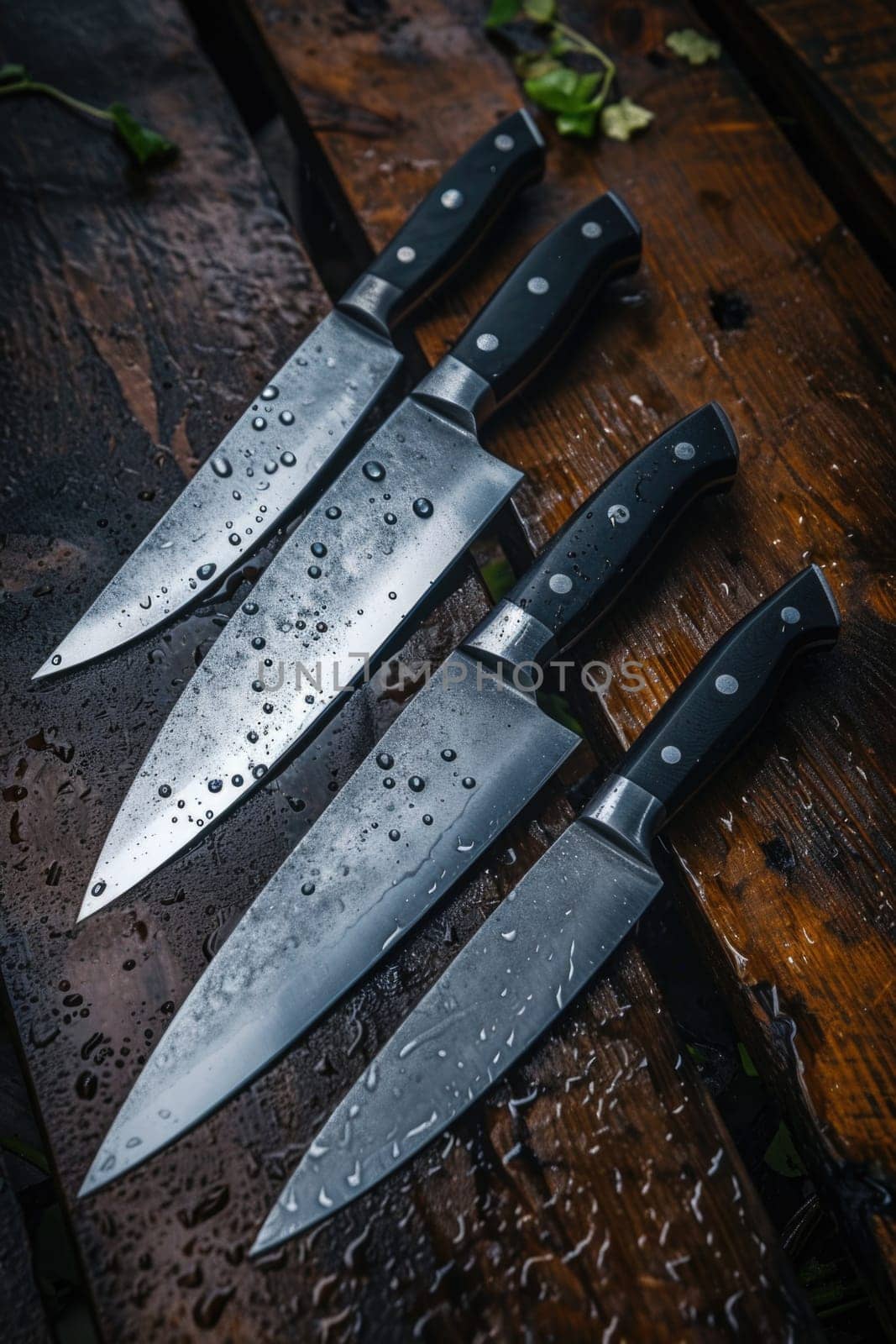 Knives made of Damascus steel on a wooden board by Lobachad