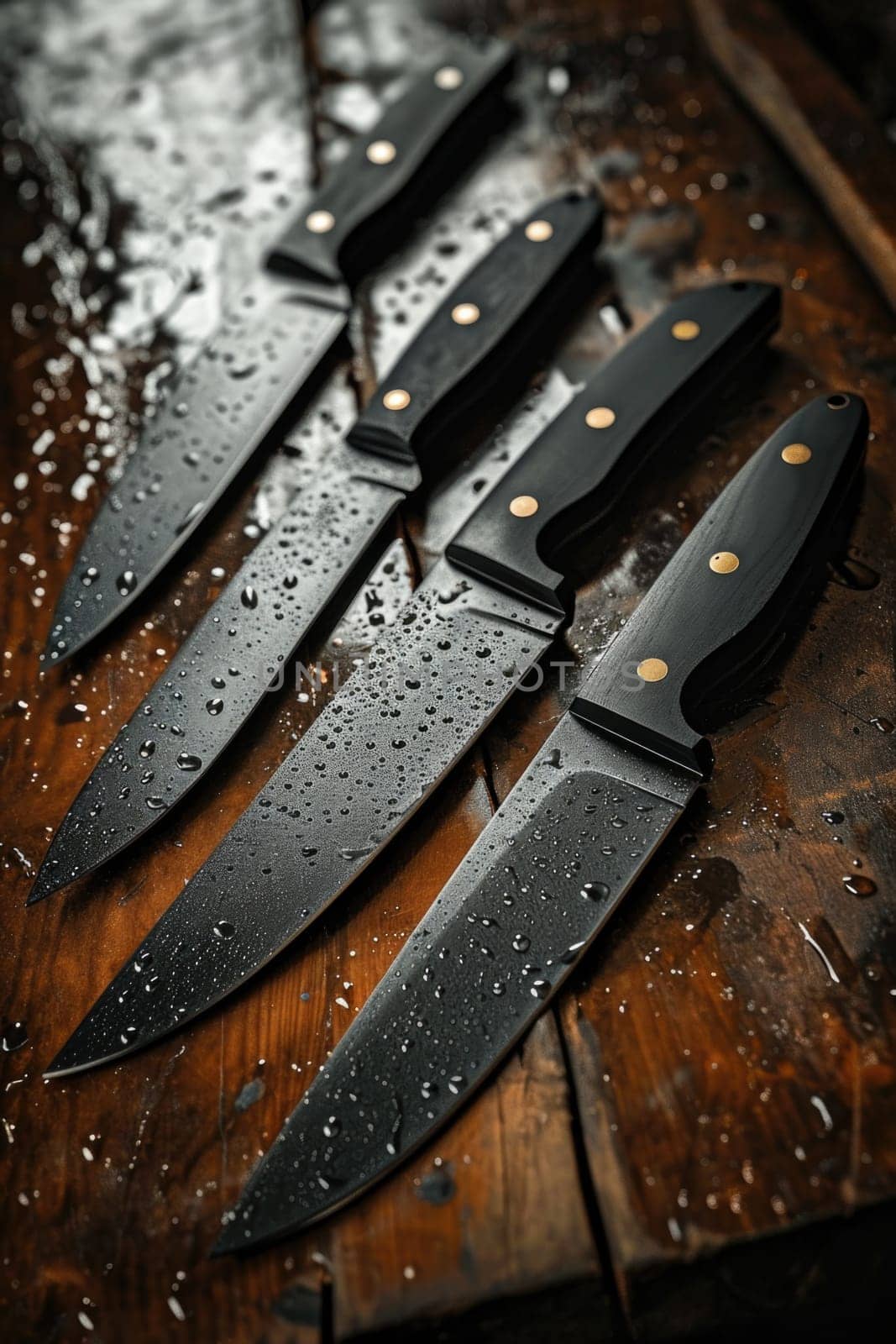 Knives made of Damascus steel on a wooden board.