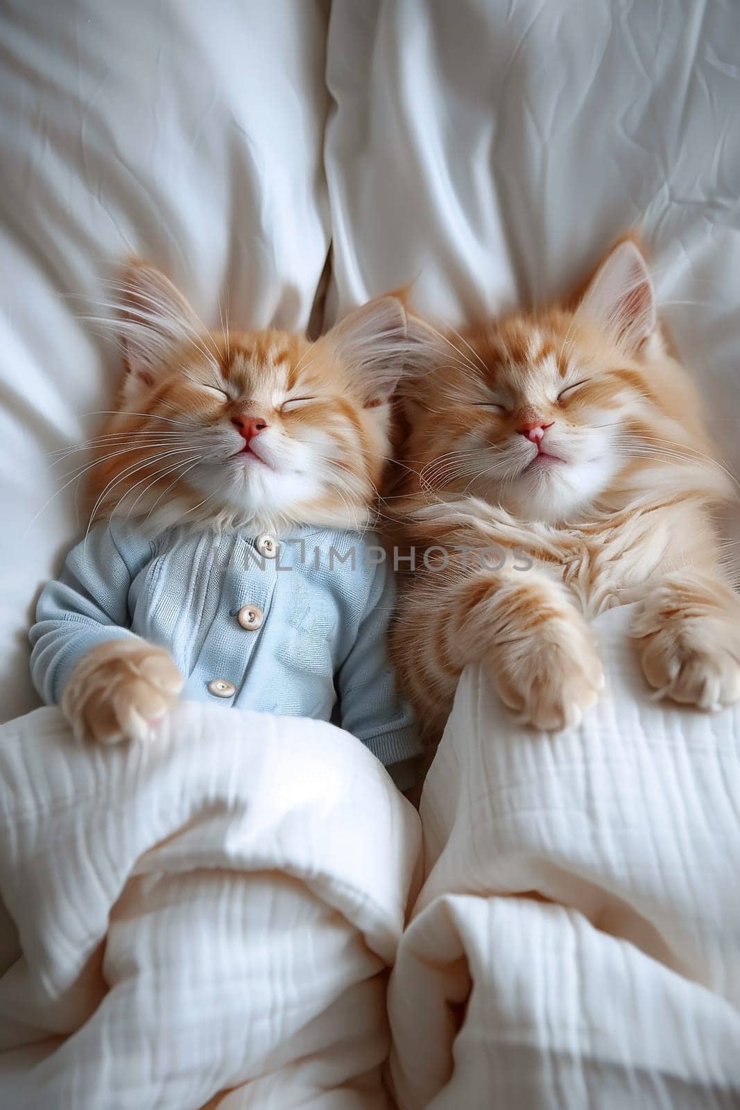 Two orange kittens are sleeping on a bed with a blue blanket by itchaznong