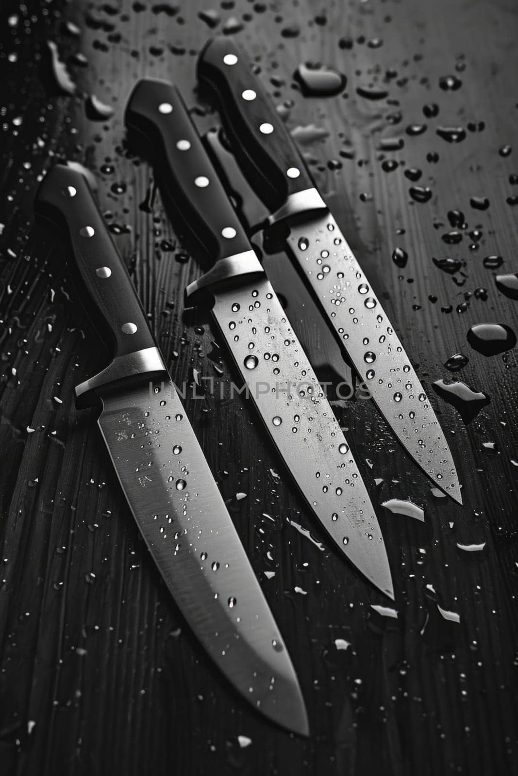 Knives made of Damascus steel on a wooden board by Lobachad