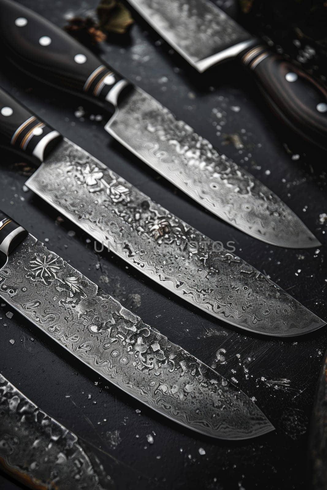 Knives made of Damascus steel on a wooden board.