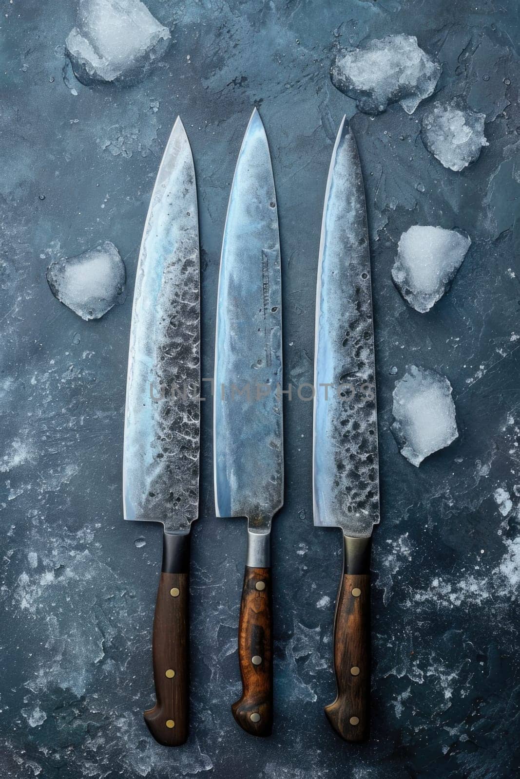 Knives made of Damascus steel on a wooden board.