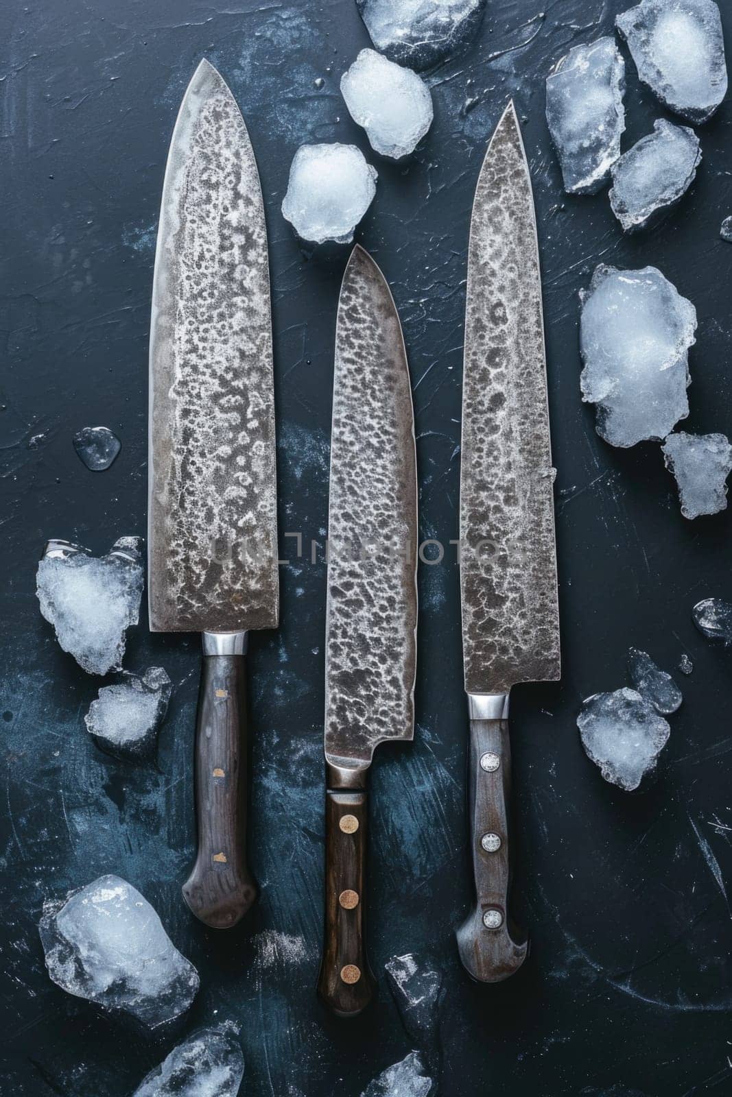 Knives made of Damascus steel on a wooden board.