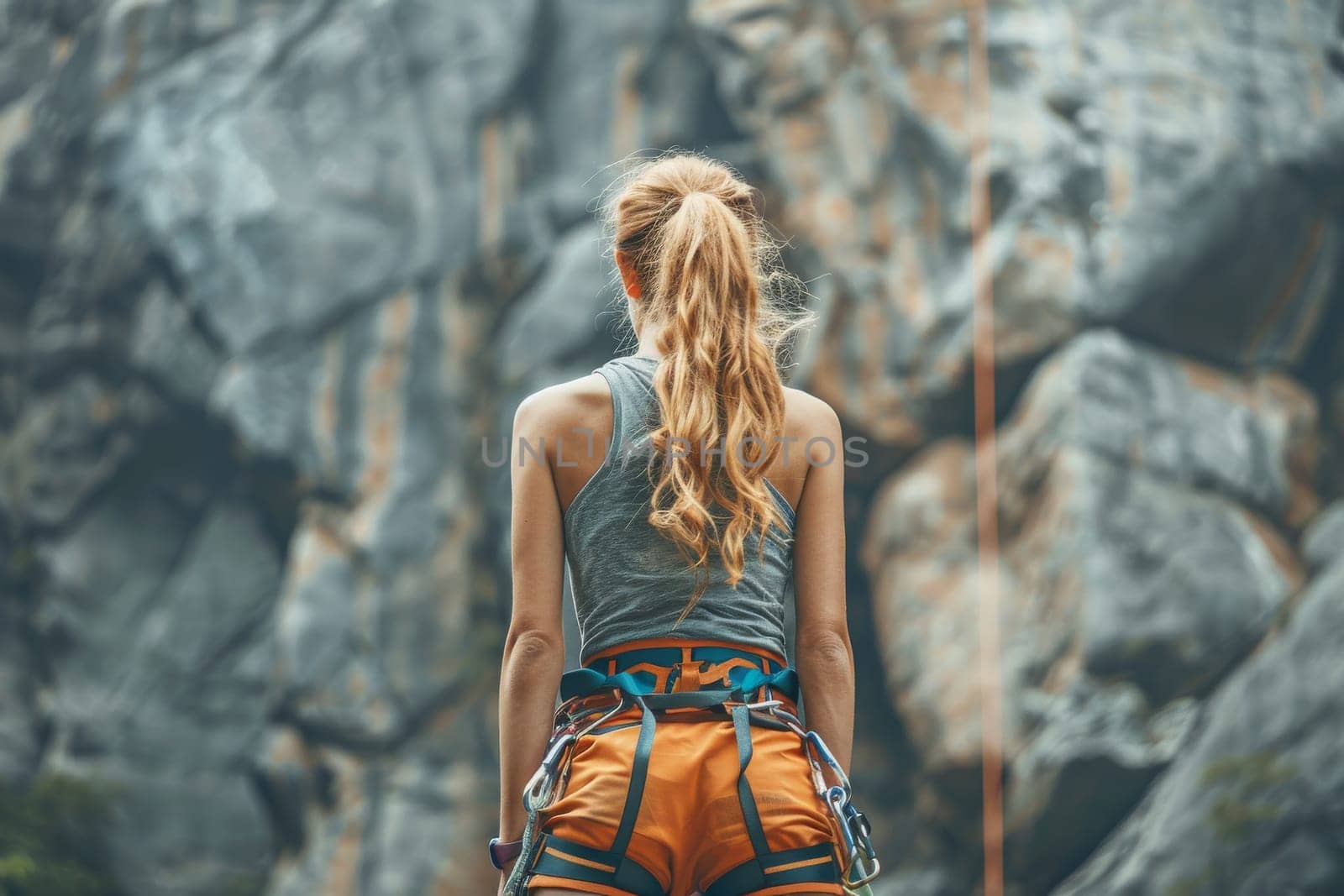 A woman with long blonde hair is standing on a rocky cliff by itchaznong