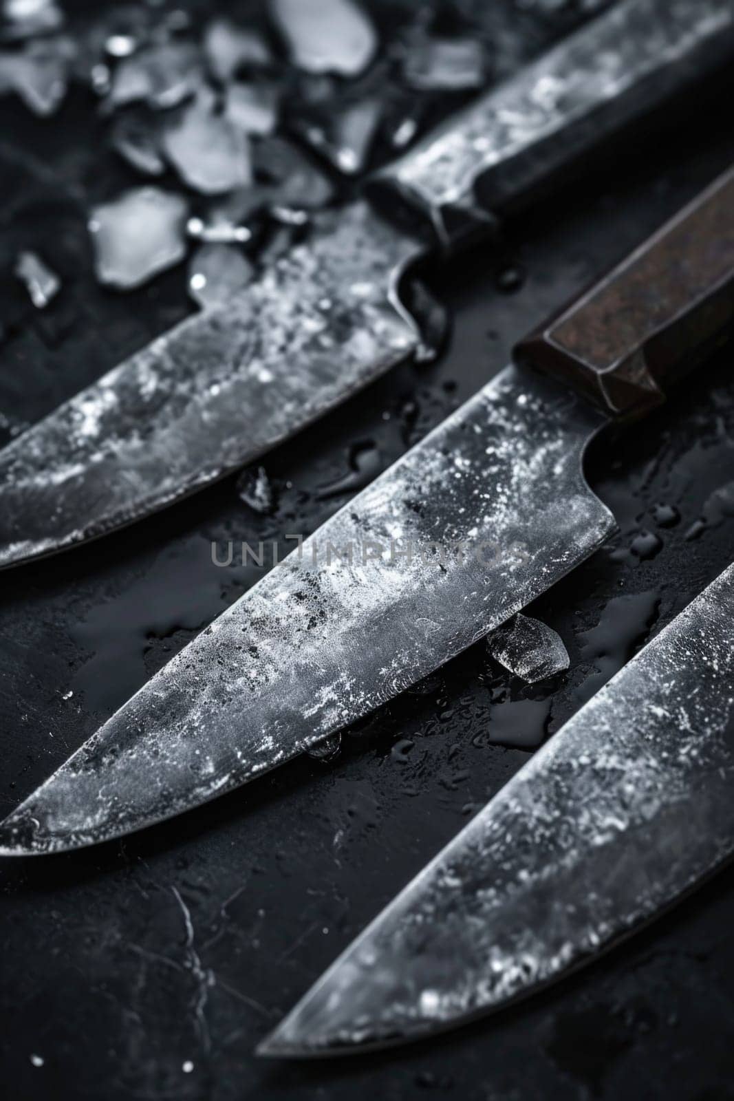 Knives made of Damascus steel on a wooden board.