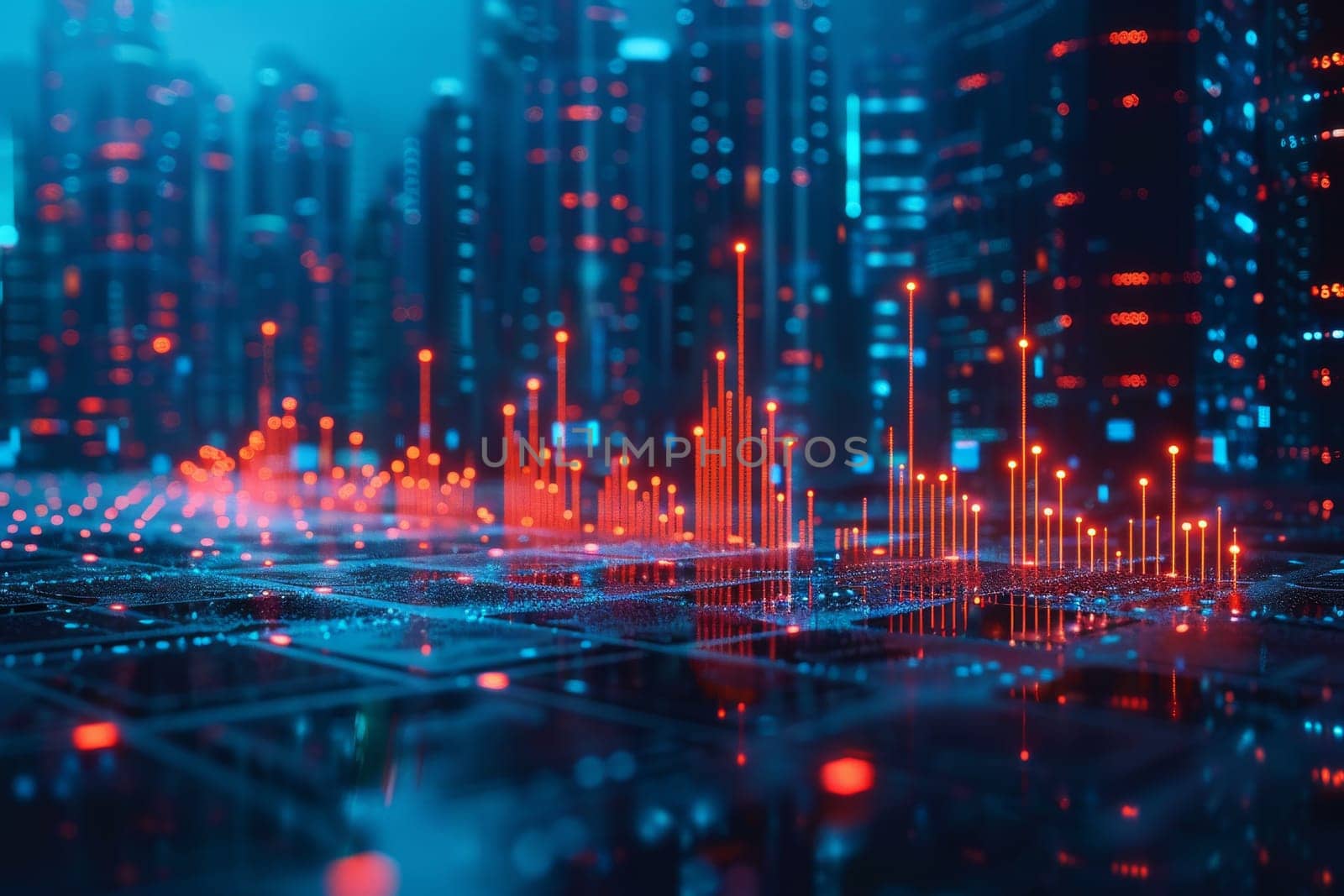 A city skyline is shown in red and blue with a lot of dots. finance and technology background by itchaznong