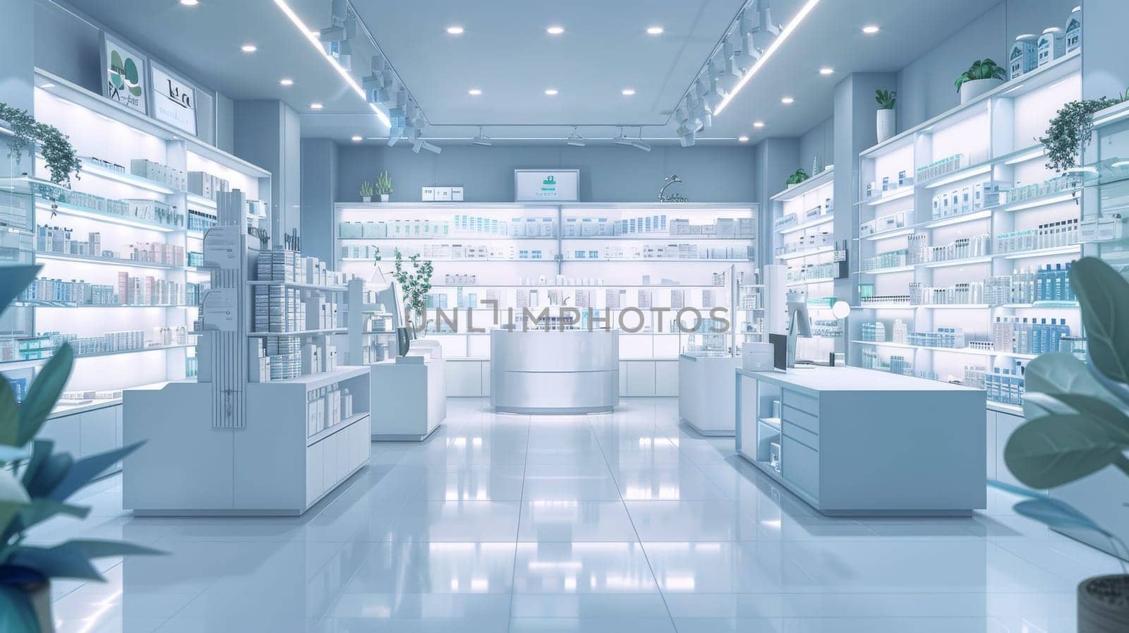 A large store with a bright blue ceiling and white walls. The store is filled with shelves of various products, including bottles and potted plants. The atmosphere is bright and inviting