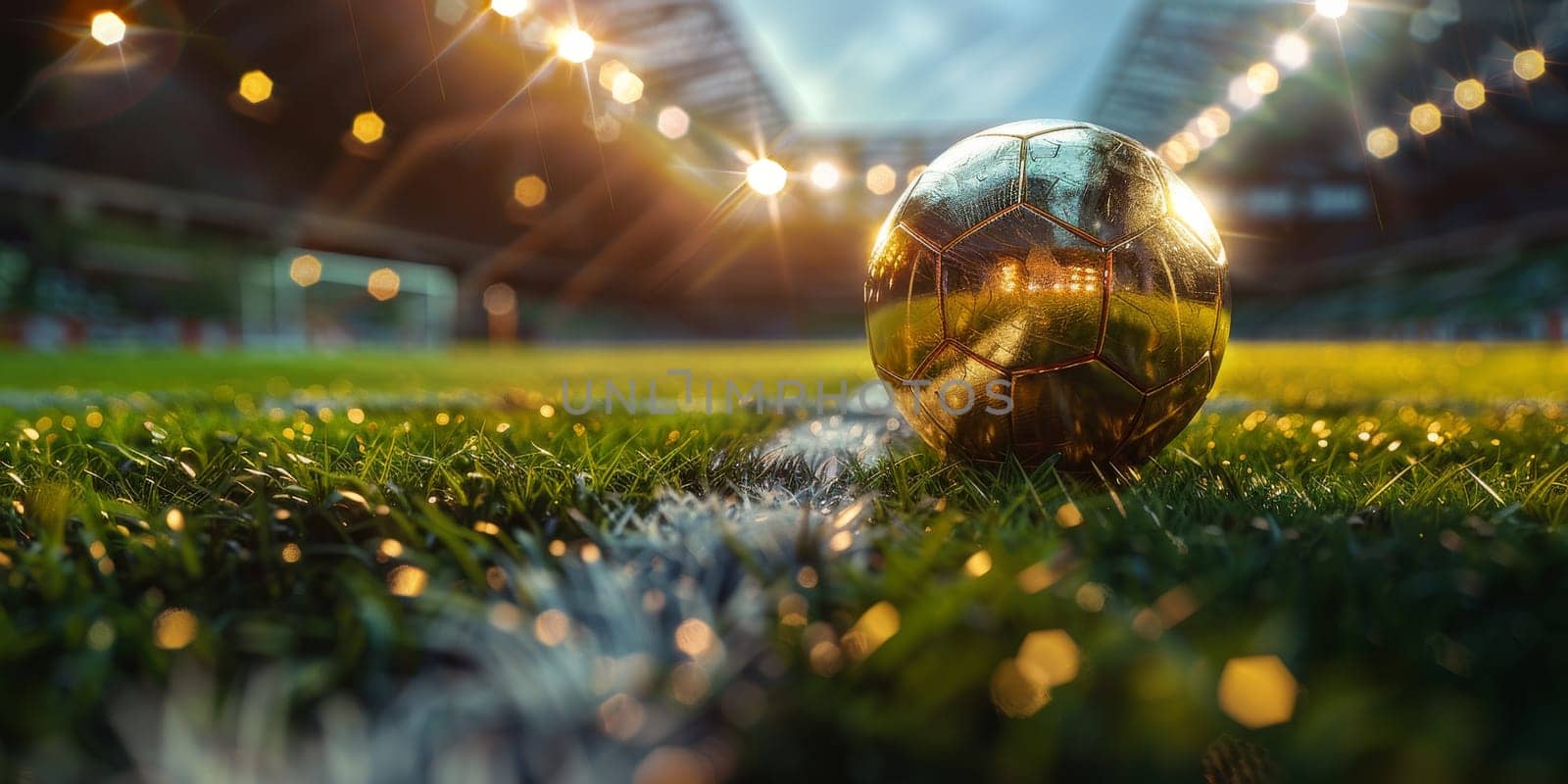 A gold soccer ball sits on a field. football or soccer banner by itchaznong