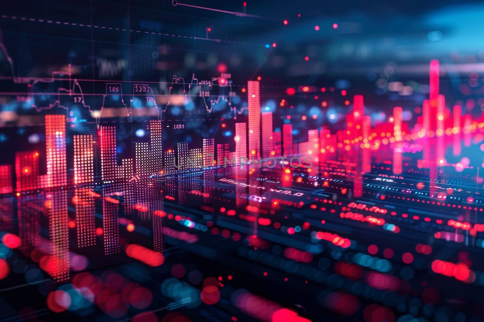 A city skyline is shown in red and blue with a lot of dots. finance and technology background by itchaznong