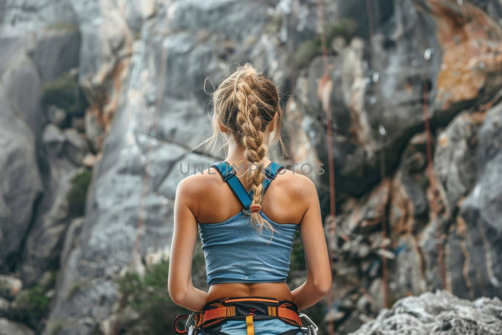 A woman with long blonde hair is standing on a rocky cliff. She is wearing orange pants and a grey shirt