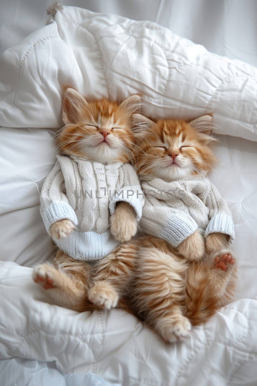 Two orange kittens are sleeping on a bed with a blue blanket. One of the kittens is wearing a blue shirt