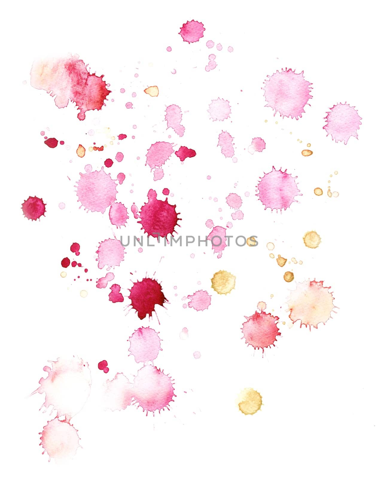Drops and blots together with watercolor monotypes isolated on a white background for design and creating art effects