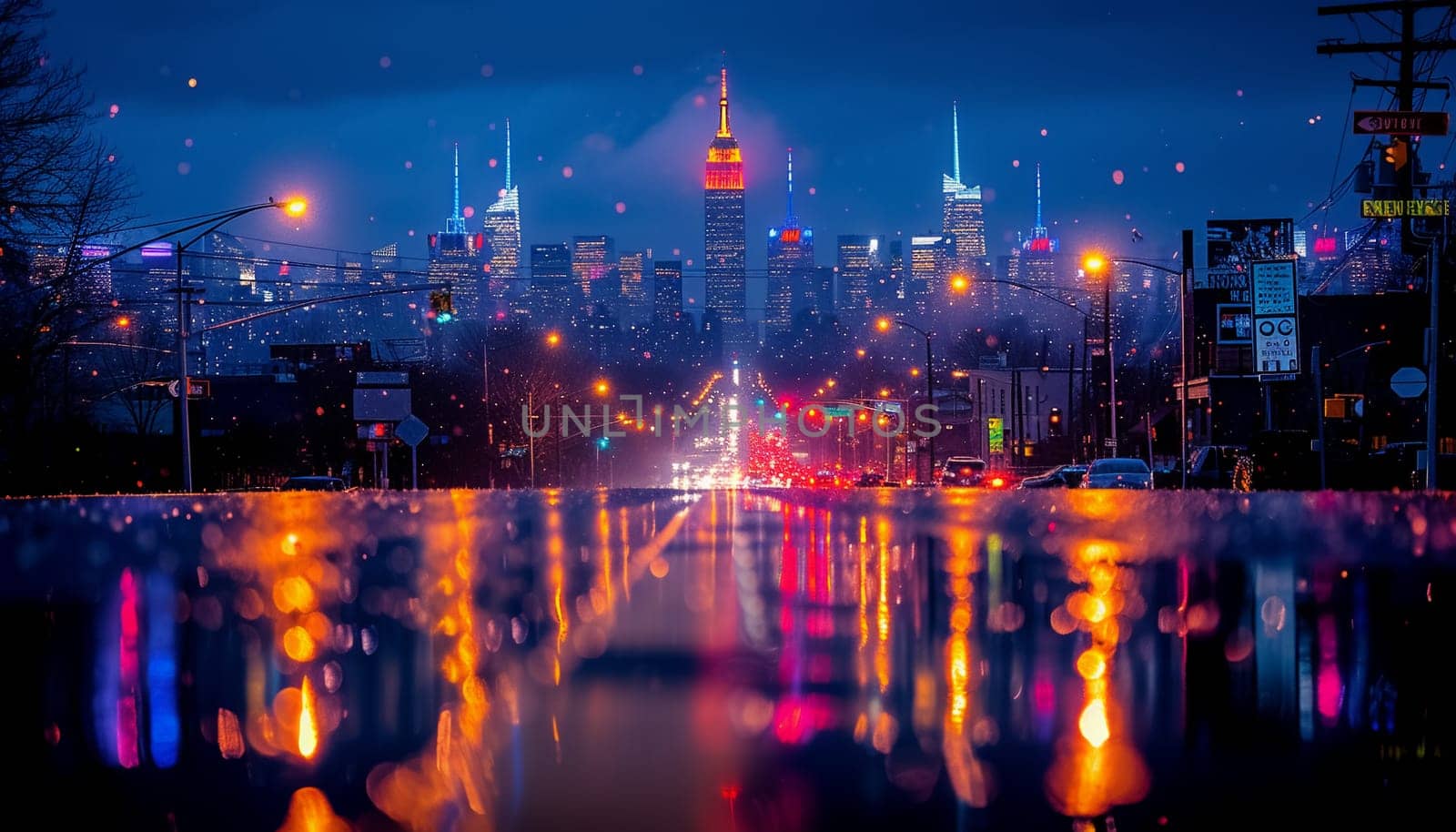 The perspective of the road against the background of sunset and the cityscape. High quality photo