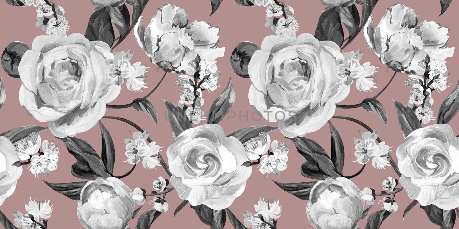 Botanical seamless pattern with peonies and sakura branches drawn in gouache for textile by MarinaVoyush
