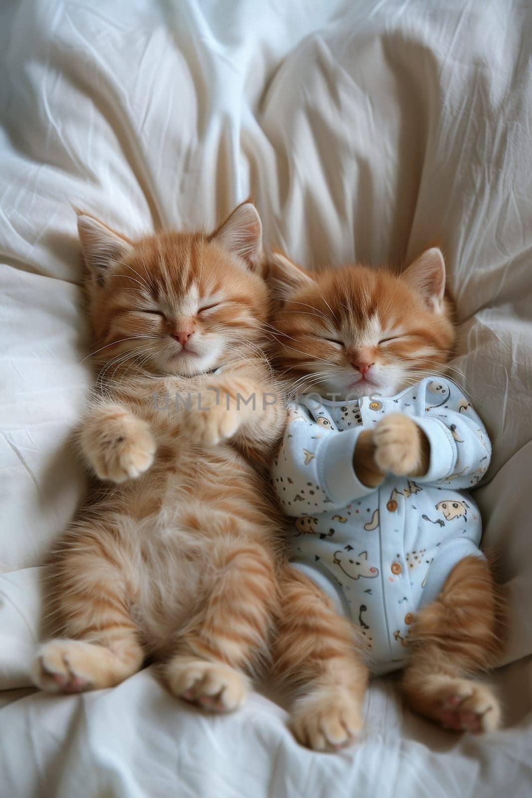 Two orange kittens are sleeping on a bed with a blue blanket. One of the kittens is wearing a blue shirt