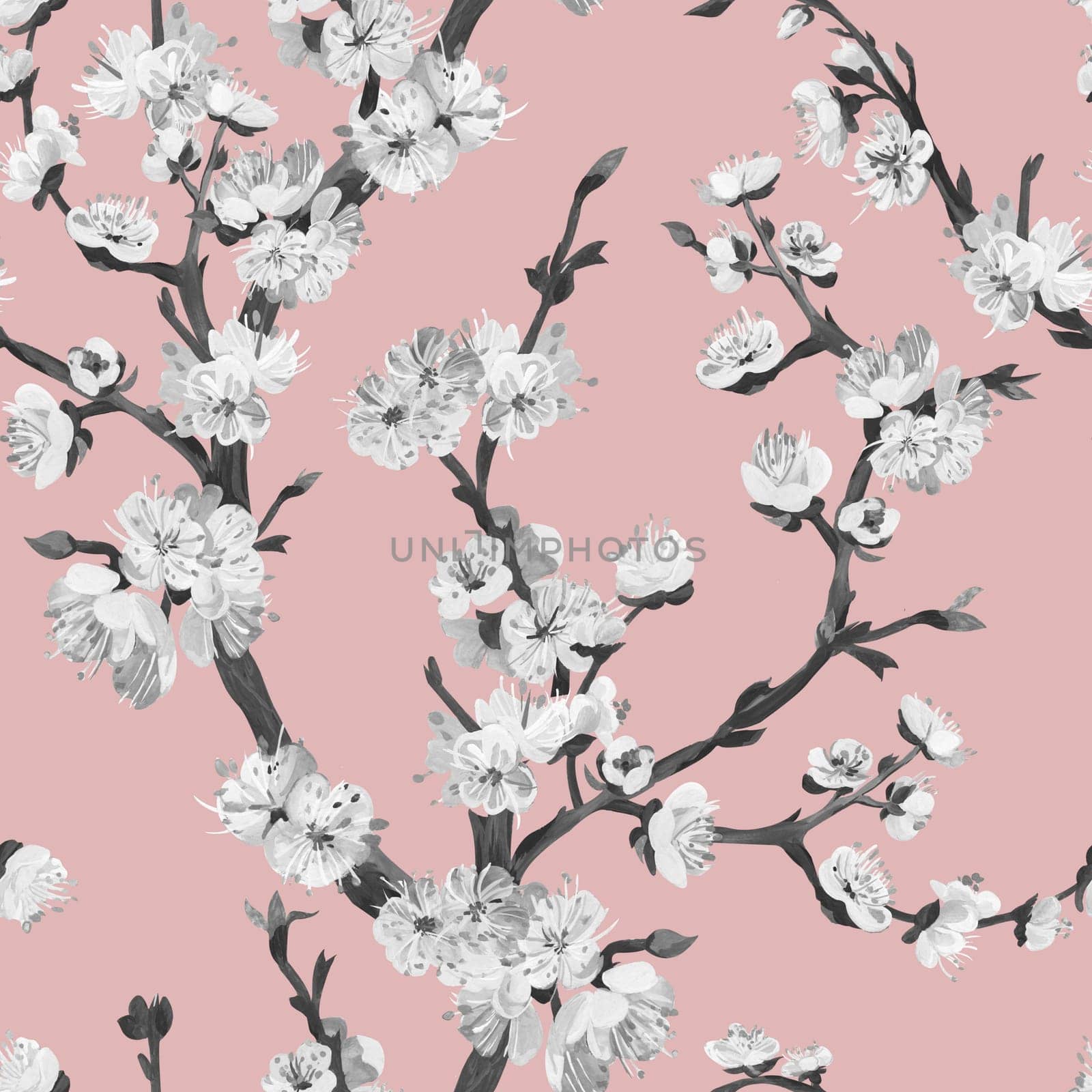 Botanical black and white seamless pattern with sakura cherry branch by MarinaVoyush
