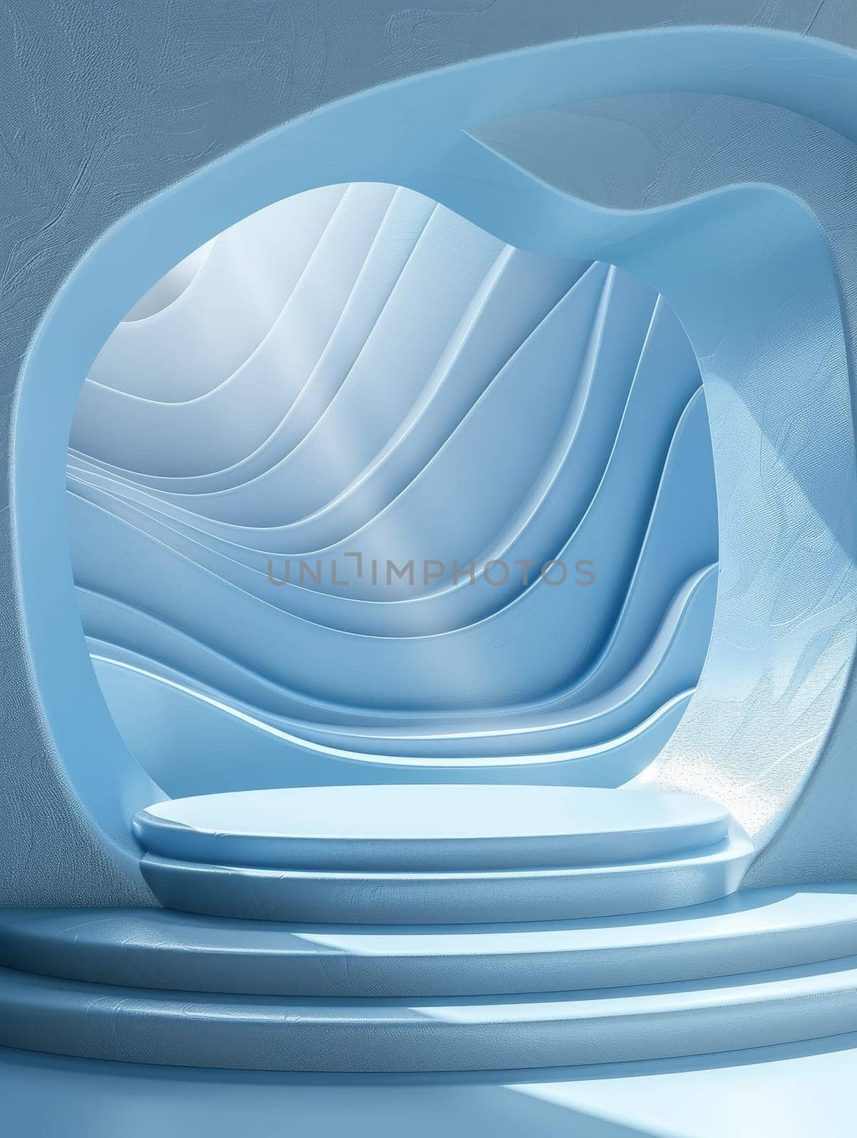 Podium and sculpture of a wave background. showcase and product concept.