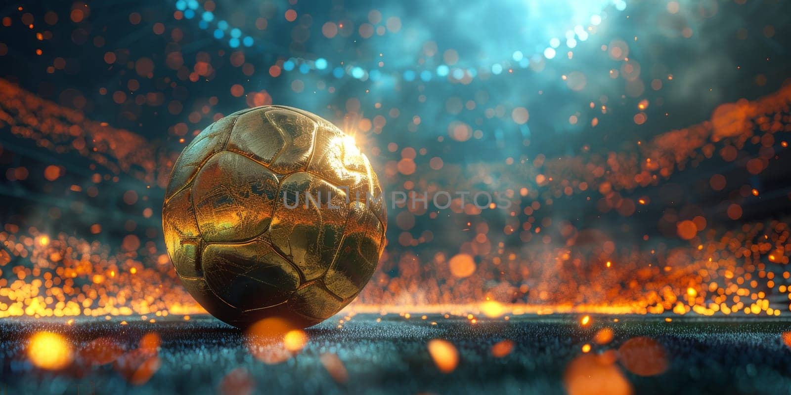 A gold soccer ball sits on a field. The ball is surrounded by grass and the field is lit up