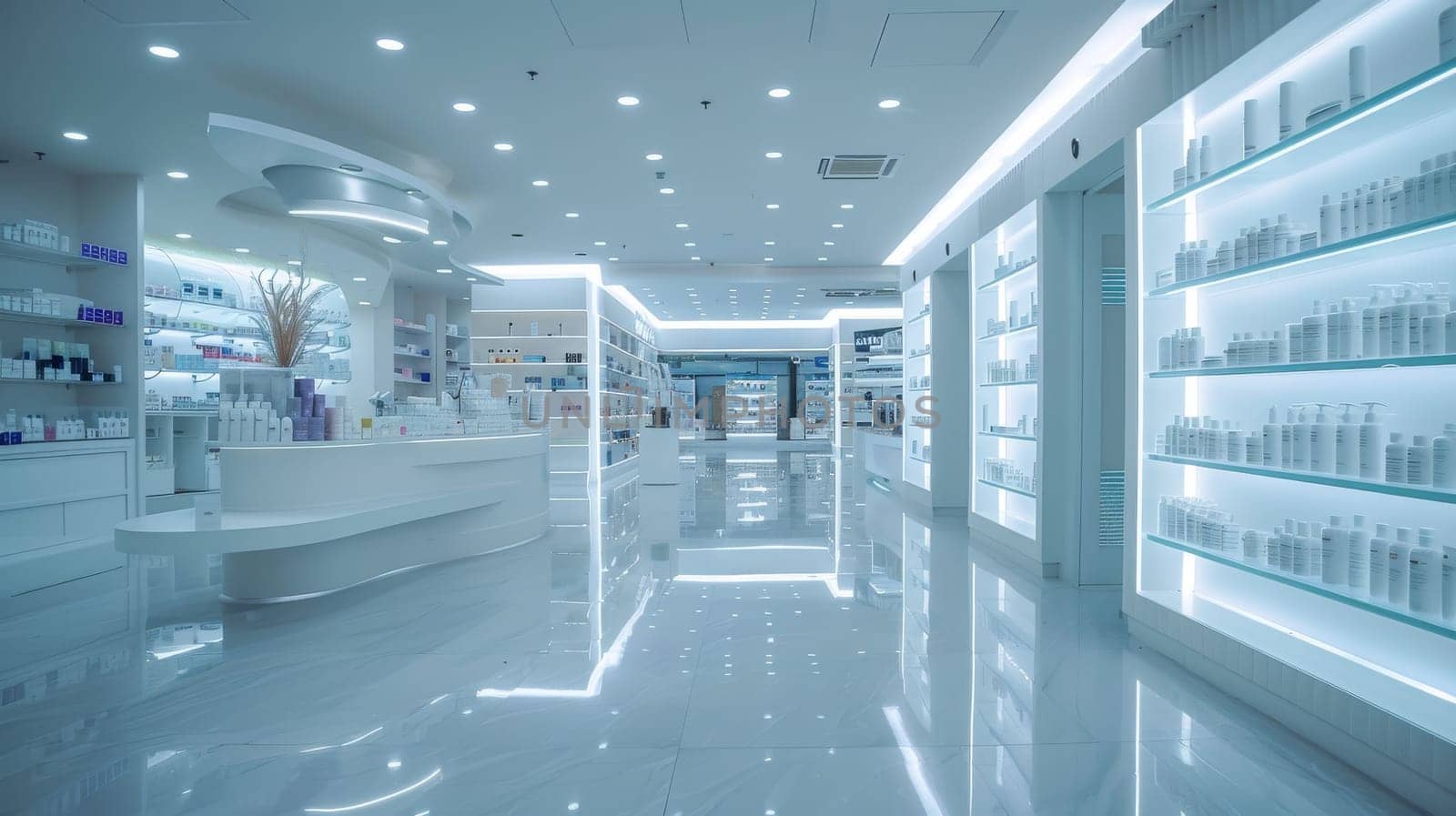 A large store with a bright blue ceiling and white walls. The store is filled with shelves of various products, including bottles and potted plants. The atmosphere is bright and inviting