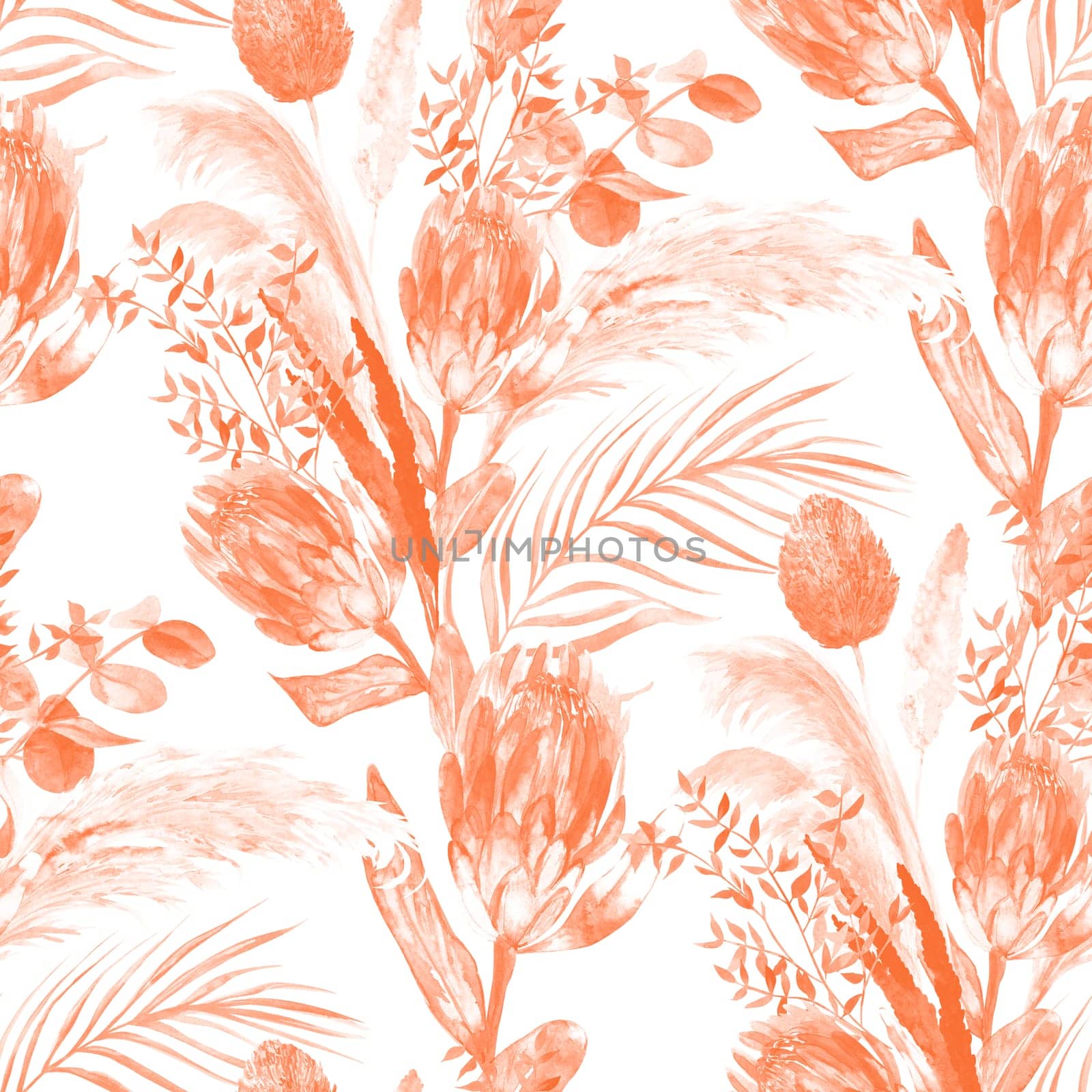 Monochrome watercolor seamless pattern with herbarium of protea flowers and tropical palm leaves on white for summer textiles of women's dresses and clothes